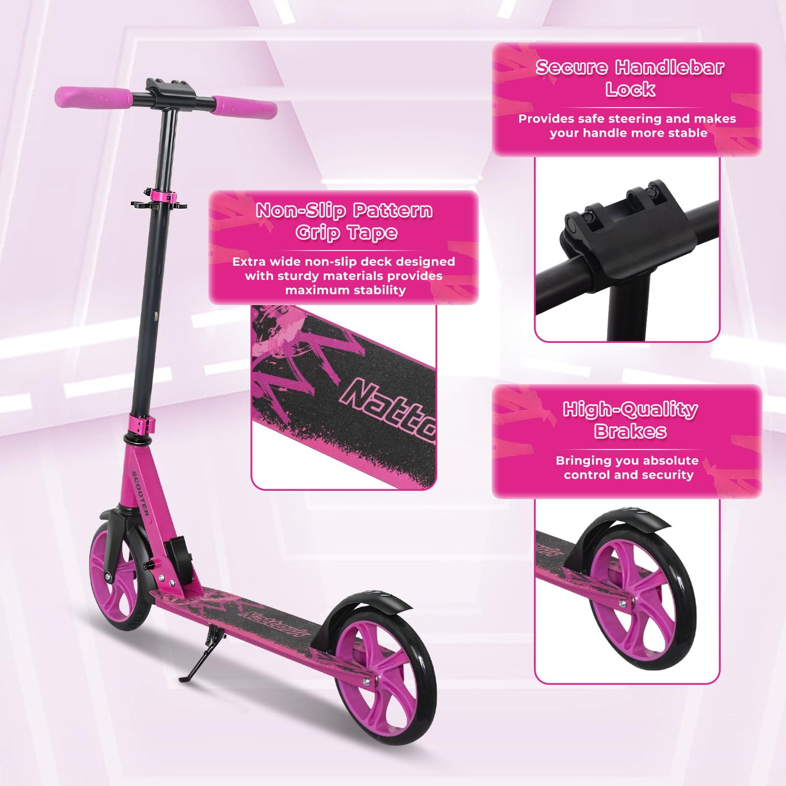 Nattork Scooter for Kids 8-12, Teens and Adults- Adjustable Height Folding Kick Scooter with Large Sturdy Wheels for a Smooth Ride, Lightweight, Anti-Shock Suspension for Boys and Girls
