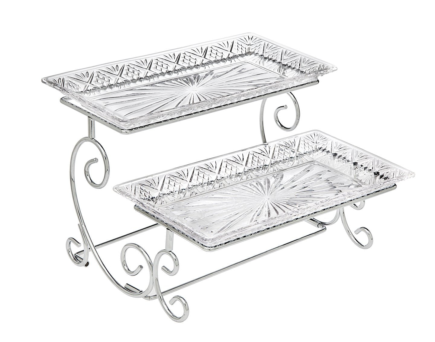 Godinger Silver Art Dublin 2 Tiered Glass Buffet Serving Tray - Chrome Plated Platter Stand with Starburst Design - Party and Event Dessert and Food Display Server