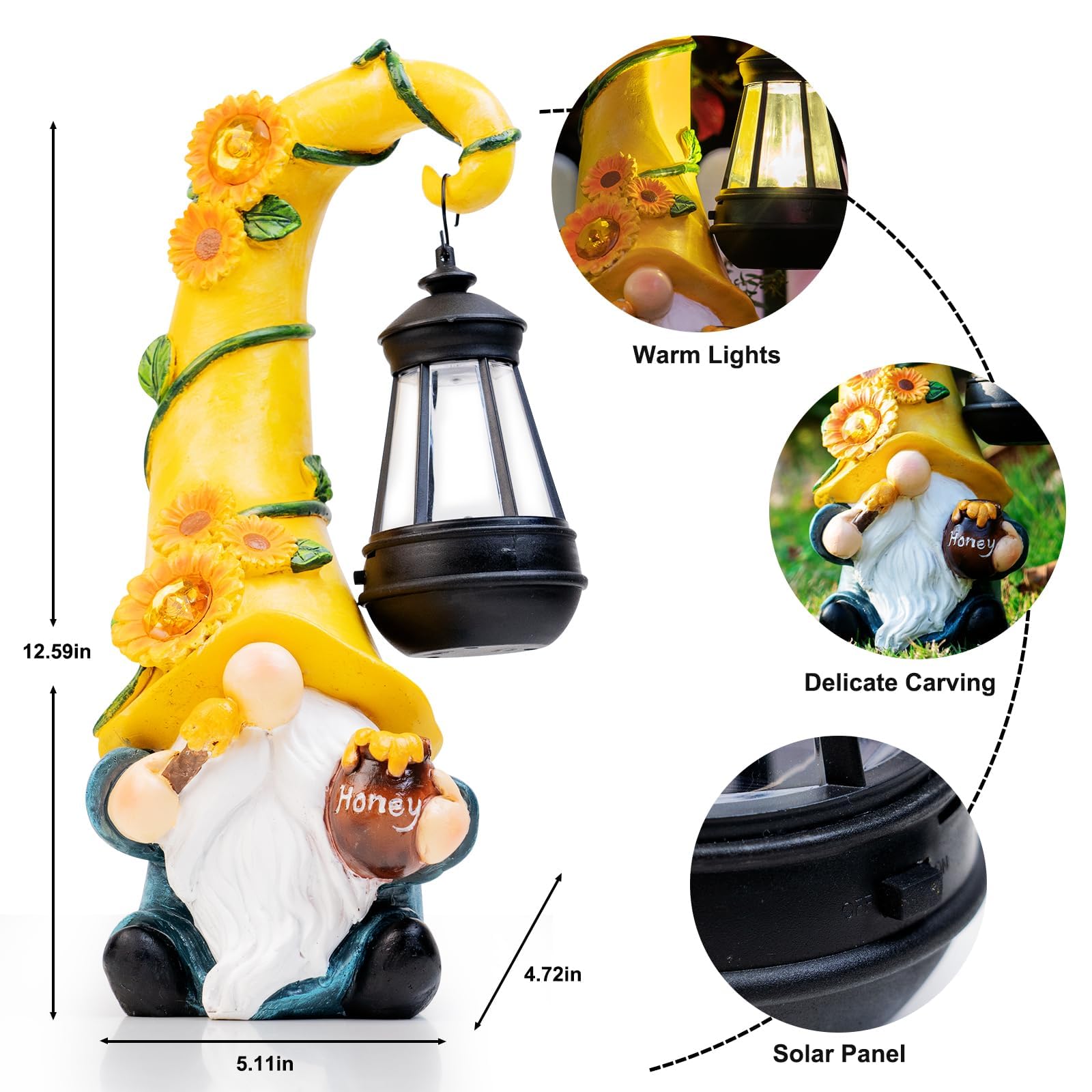 twinbling 12" Solar Gnome Garden Statues Honey Bee jar Decor with LED Lantern Outdoor Gnomes Decorations Patio Yard Art Gifts for Women Mom-Lantern