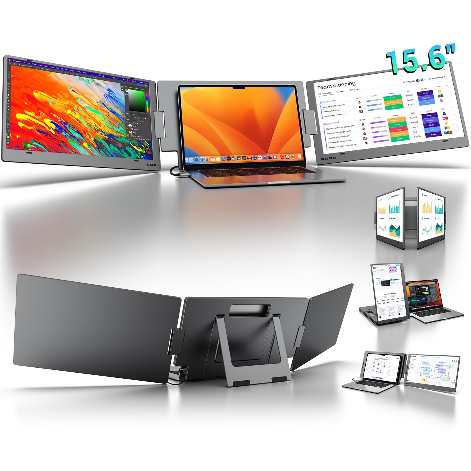 KYY Laptop Screen Extender, 15.6" Monitor Extender with Type-C Plug&Play, 1080P FHD Portable Triple Monitor for Laptop with Alloy Dual Display fit 13"-17", Portable Extended Screen for Mac/Wins/Chrome