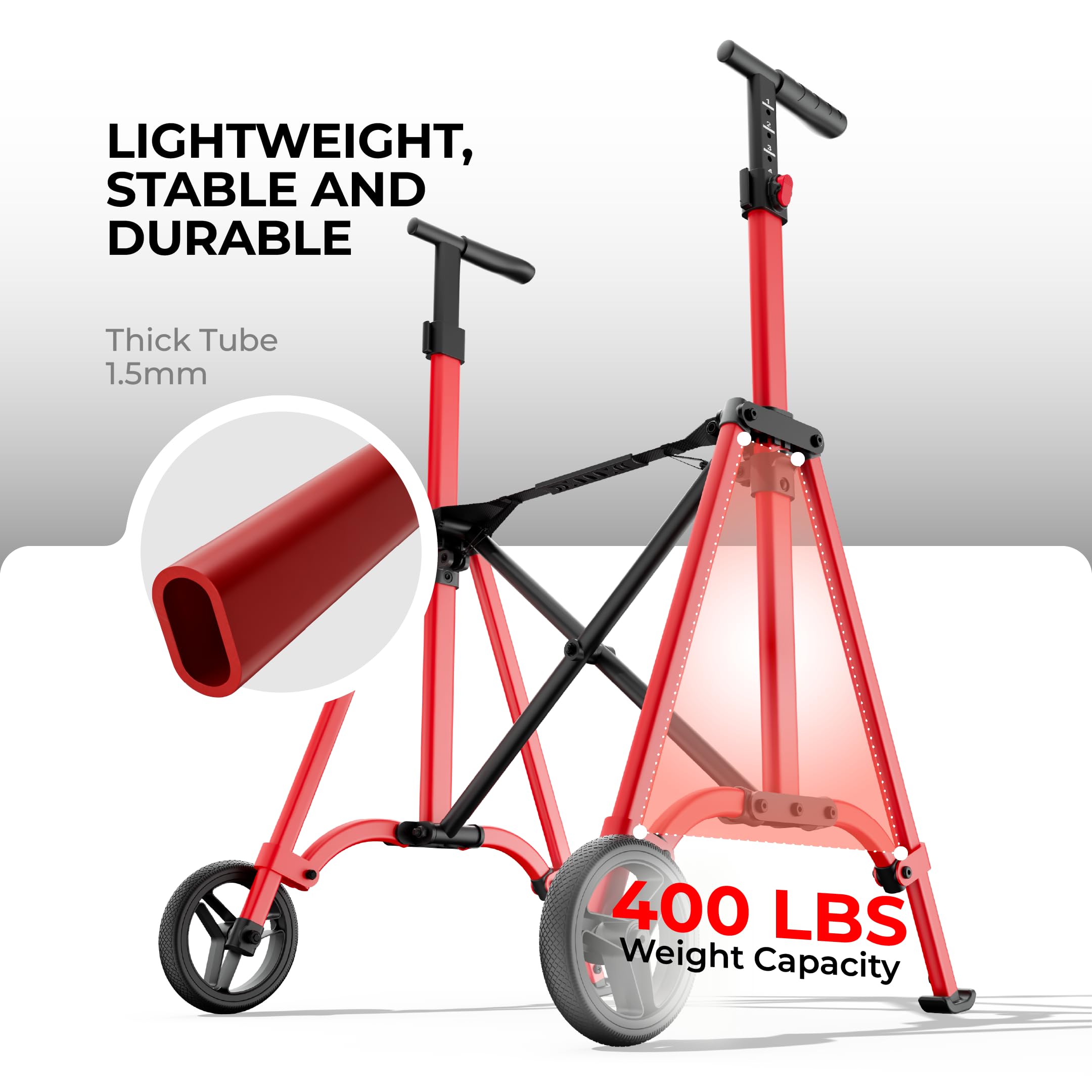 Folding Walkers for Seniors, Lightweight Narrow Travel Walker, Fully Assembled Standard Walker with 2 Wheels, Adjustable Height for Tall, Aluminum Frame Supports 400 lbs, Extra 2 Skis and Storage Bag