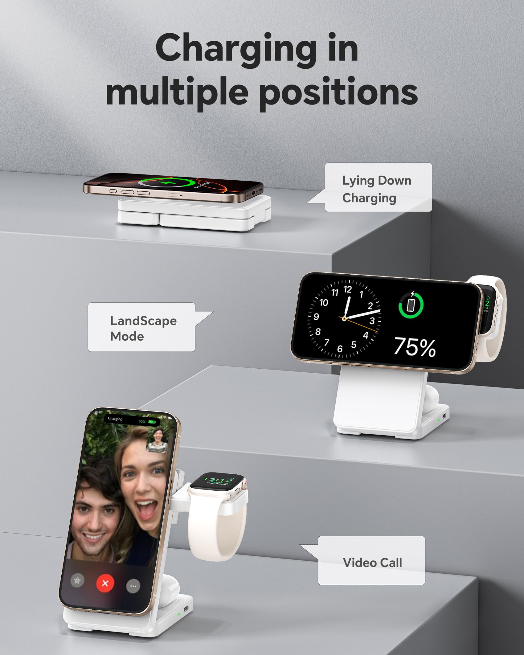 3 in 1 Charging Station for iPhone 16 15 14 13 12, 11 X 8 Series (with MagSafe Case), Wireless Charger for Apple Watch,Travel Magnetic Charging Stand for AirPods (White)