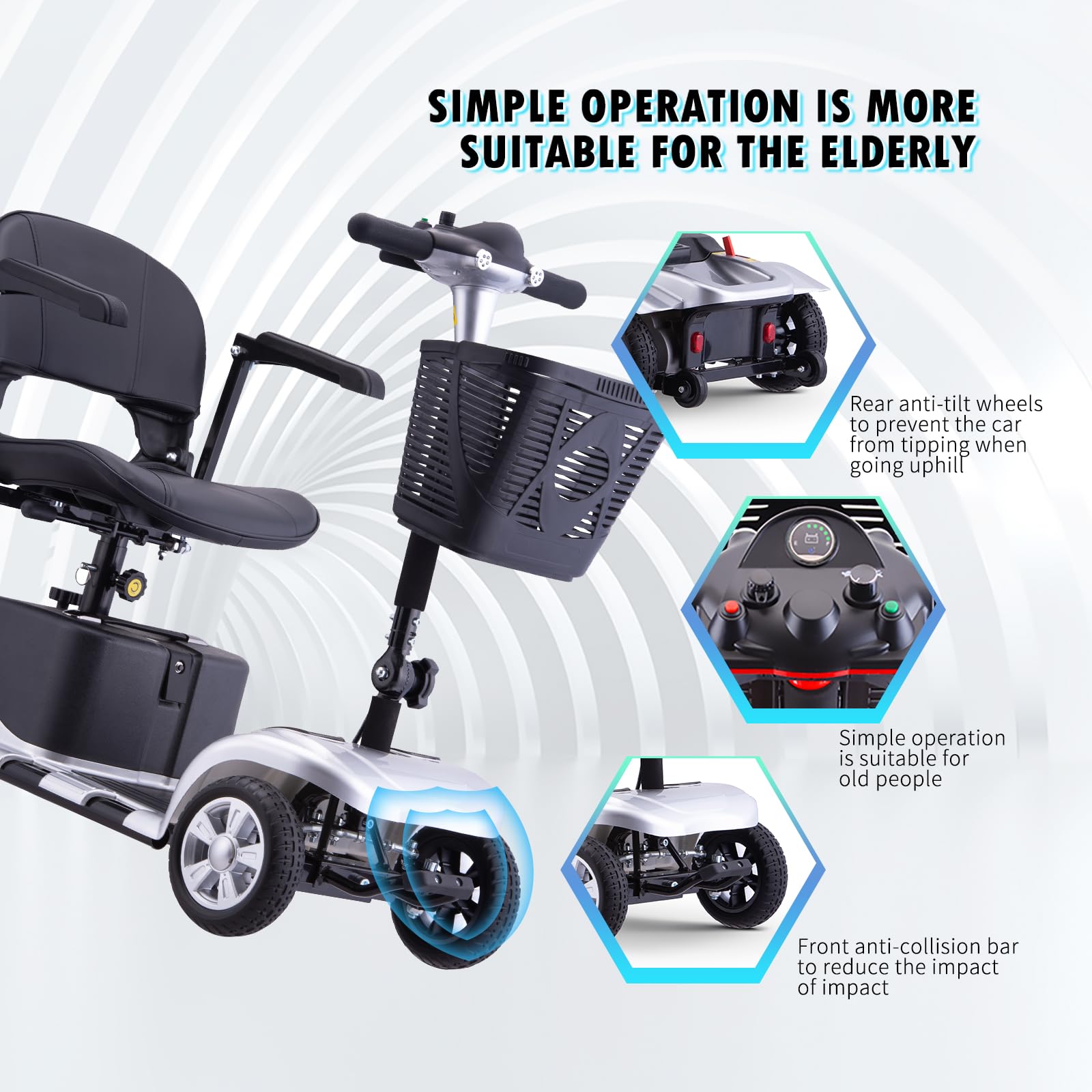 Mobility Scooter for Adults, Senior, 4 Wheels Electric Powered Chargeable Device for Travel, Lightweight and Portable, with LED Headlights and Basket, Charger Included, Red/Blue (Silver/Black)