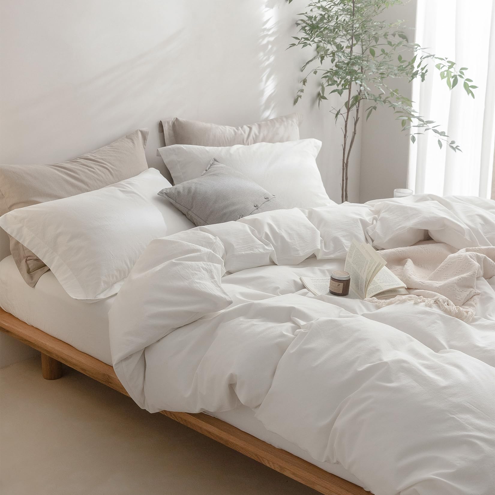 BDEAR Linen Feel Off White Duvet Cover Twin Size 90'' L x 68'' W, 100% Washed Cotton Duvet Cover with Zipper Closure Plus 1 Pillowcase, Cozy and Breathable