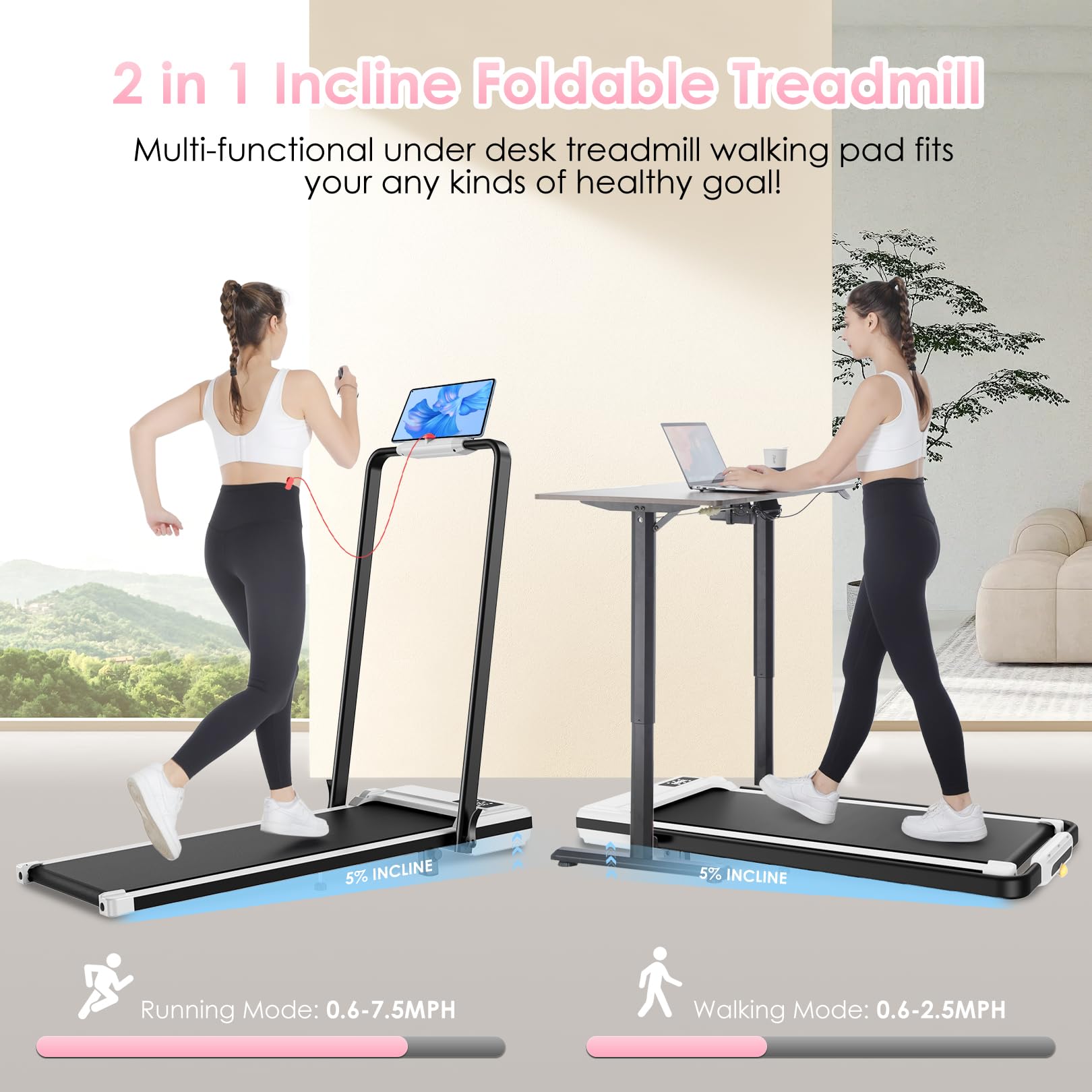 ANCHEER Treadmills with Incline, 7.5MPH Under Desk Treadmill/2s Folding/Max 350 lb Capacity-Walking Pad/Compact Electric Treadmill for Home/Gym/Office with LED Touch Screen/Remote Watch
