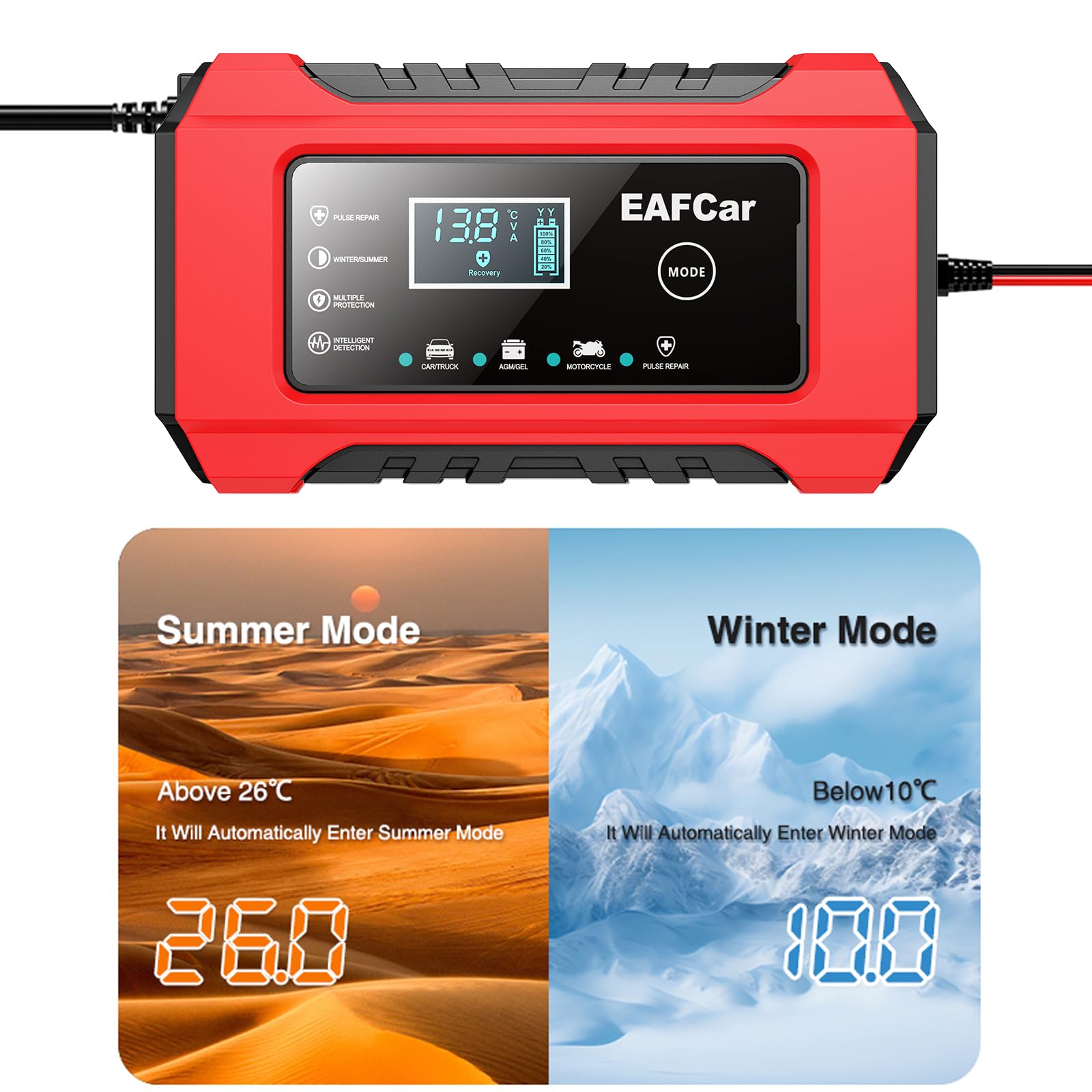 EAFCar 12V 6A Car Battery Charger, Trickle Charger and Maintainer, Smart Fully Automatic Battery Charger w/Temperature Compensation for Lead Acid Battery Charging and Maintenance