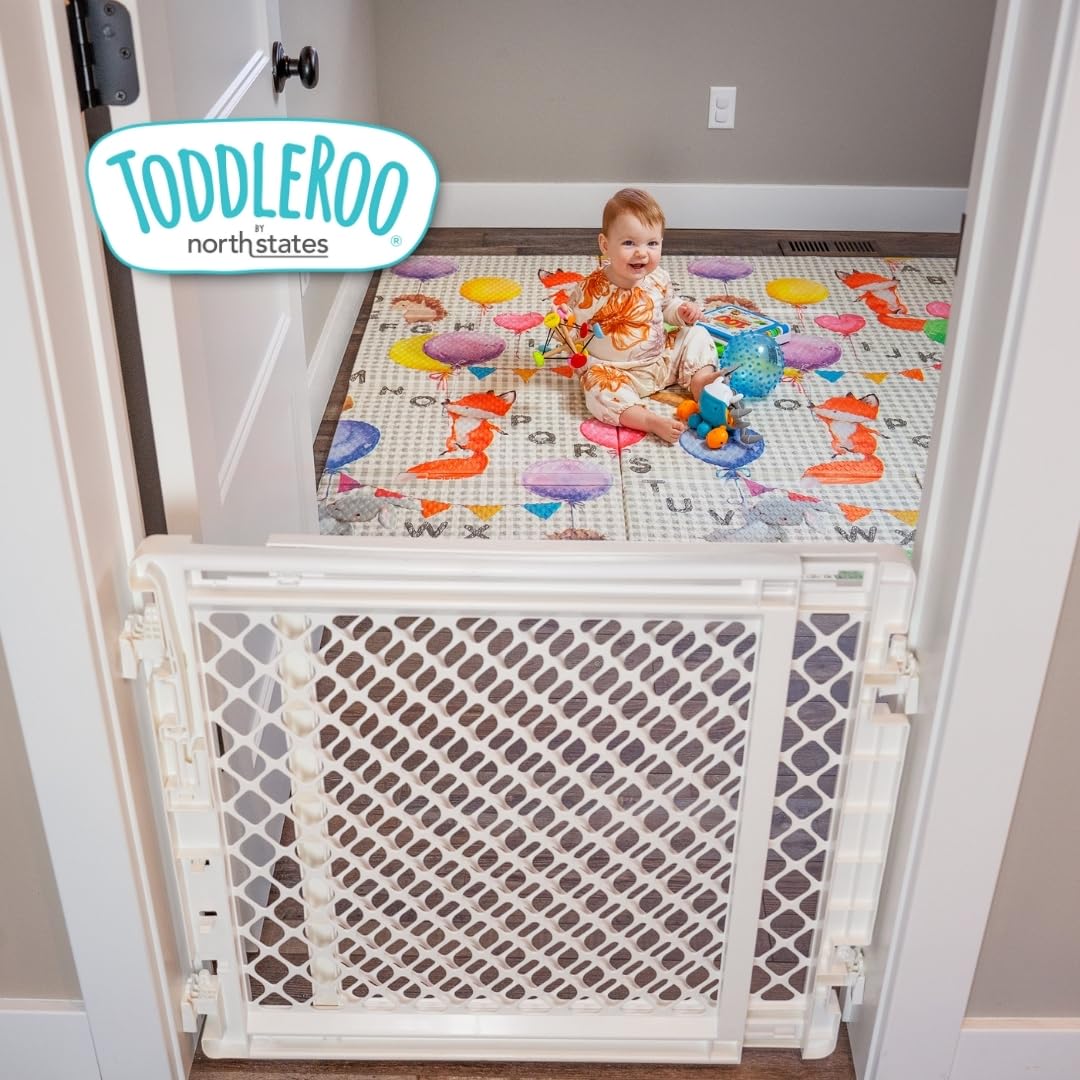 Toddleroo by North States Baby Gate for Stairs: Stairway Secure Gate. Fits Openings 27"-41" Wide. Safety Latch, Hardware Mount. Child Gates for Doorways. Made in USA. (27" Tall, Soft White)