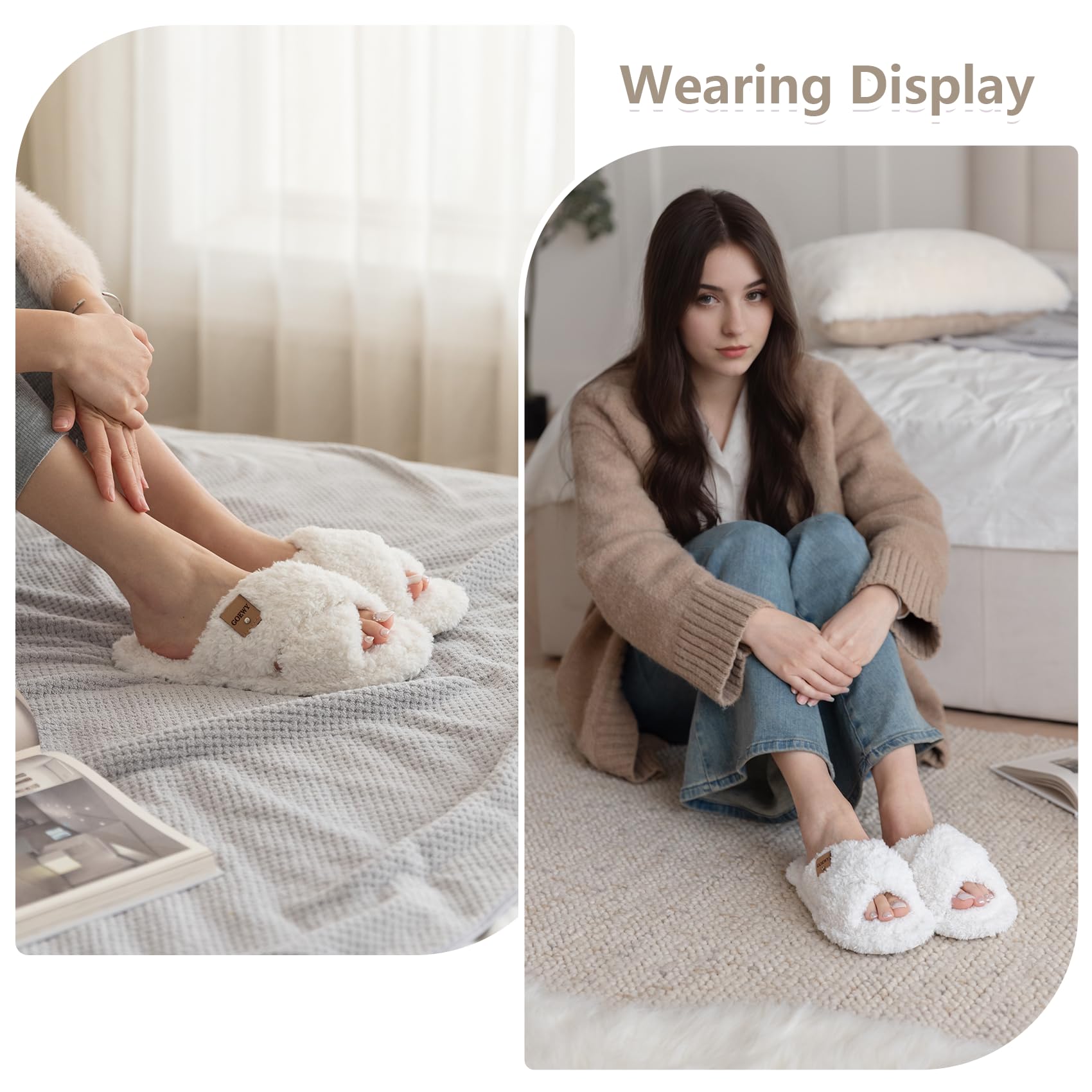 GOEWY Fuzzy Open Toe Slippers for Women Indoor and Outdoor with Memory Foam Cozy Cross Band Cute Slipper Soft House Shoes Slides Slip On Gifts for Women Mom Her Ladies Bridesmaid White
