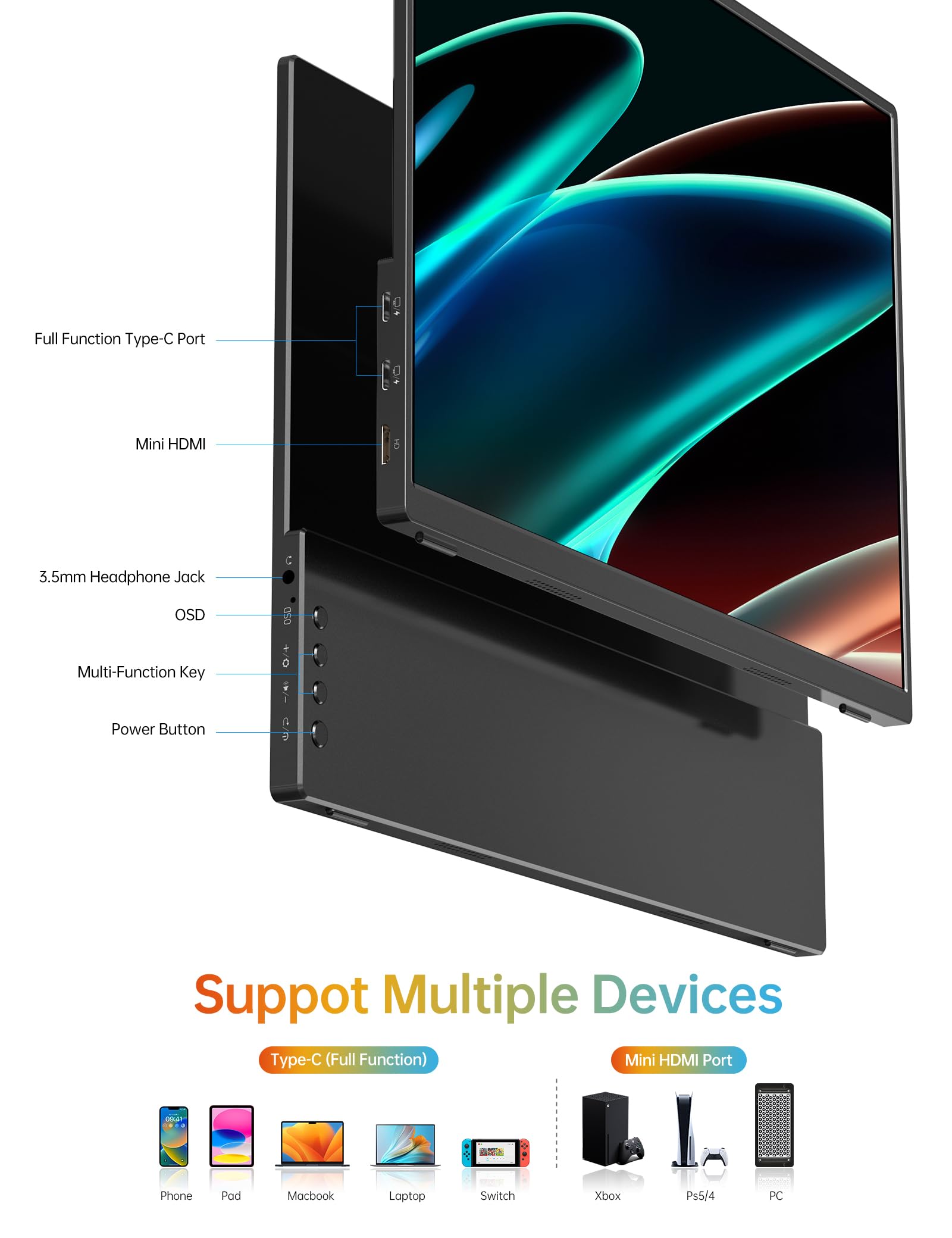 WGK Portable Monitor 14 Inch FHD1200P Ultra-Slim for Laptop Monitor, USB-C HDMI Plug&Play,100% SRGB External Monitor,Dual Speakers Extender Display. with Smart Cover for Laptop,PC Phone Xbox PS4 5