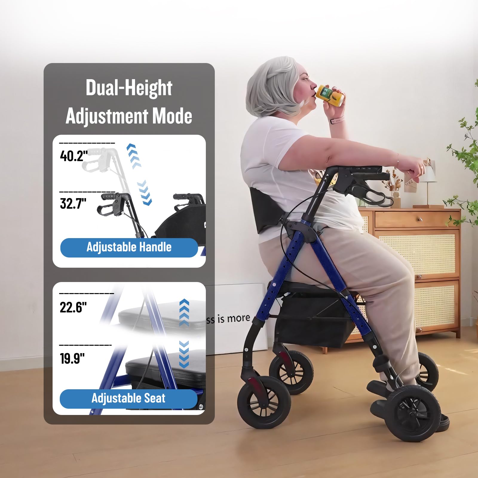 Lightweight Rollator Walker with Seat & Backrest - Foldable Mobility Aid for Seniors, 8" Large Airless Tires, Adjustable Height, Brake,Storage Bag,300 lbs Capacity, 4 Wheel Rolling Walkers for Adults