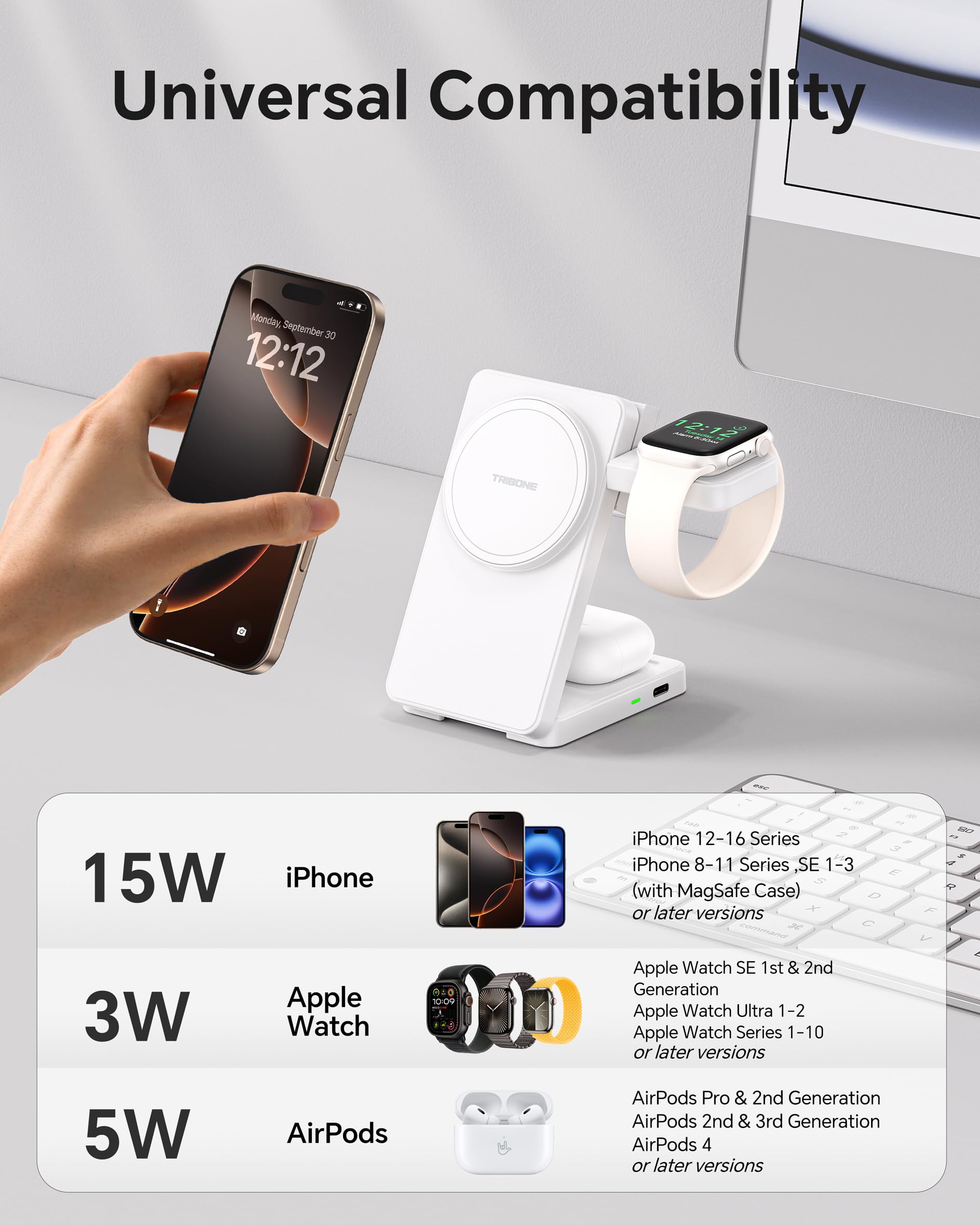 3 in 1 Charging Station for iPhone 16 15 14 13 12, 11 X 8 Series (with MagSafe Case), Wireless Charger for Apple Watch,Travel Magnetic Charging Stand for AirPods (White)