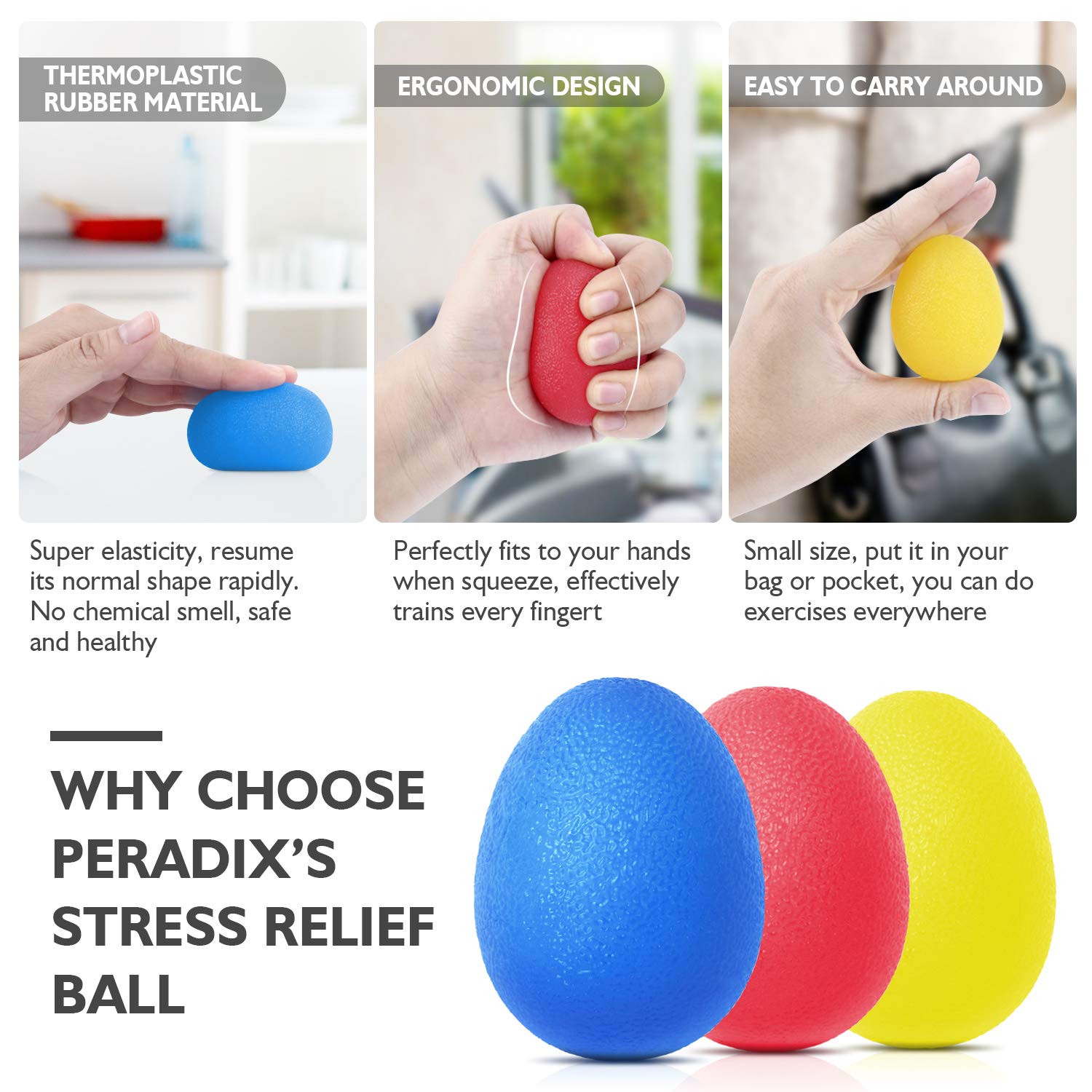 Peradix Hand Grip Strength Trainer, Stress Relief Ball for Adults and Kids, Wrist Rehab Therapy Hand Grip Equipment Ball Squishy Tools - Set of 3 Finger Resistance Exercise Squeezer