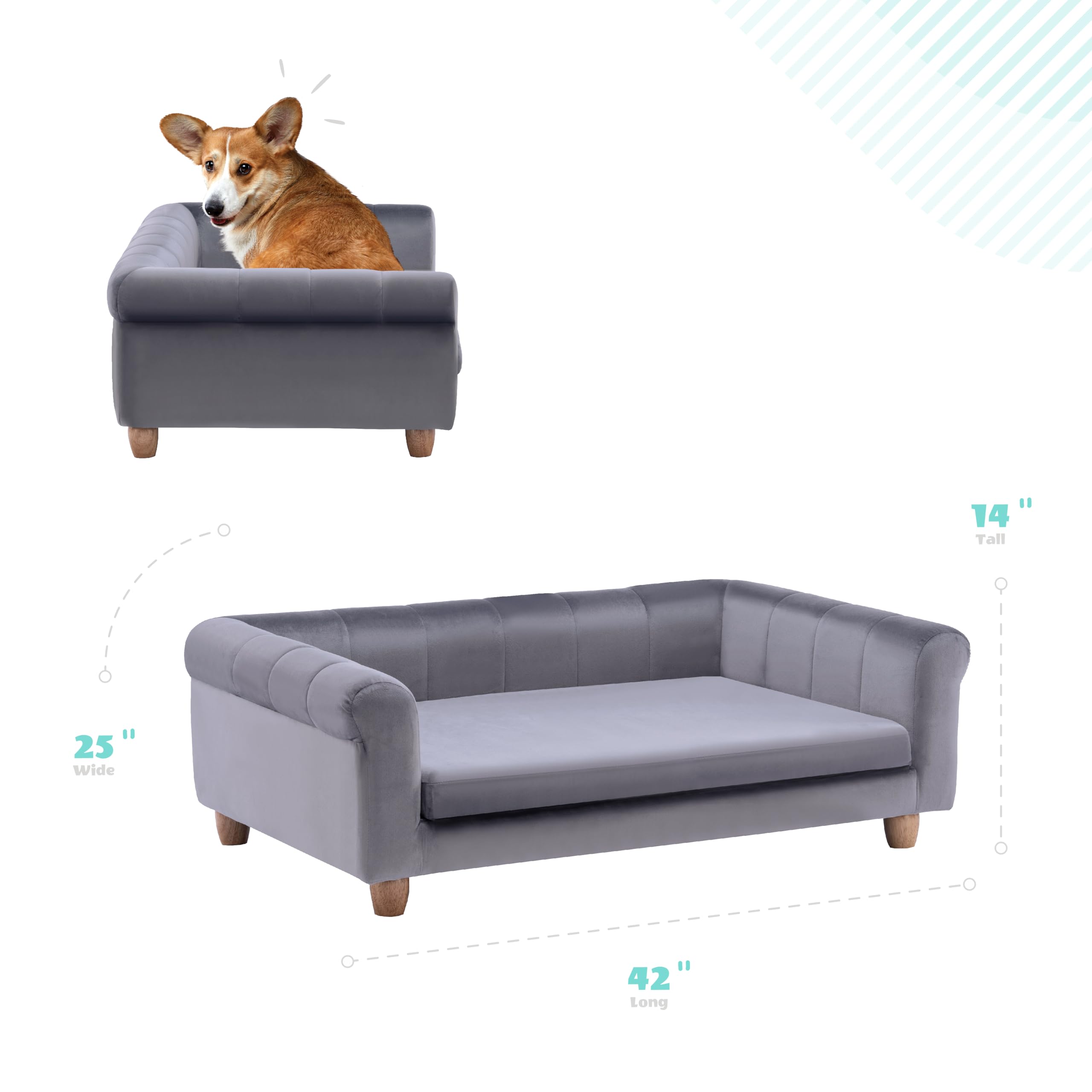 Critter Sitters 42-In. Elegant Gray Faux-Velvet Rectangular Large Dog Bed for Medium and Large Dogs, Durable Elevated Dog Beds, Comfortable Dog Couch, Modern and Stylish Plush Sofa for Dogs