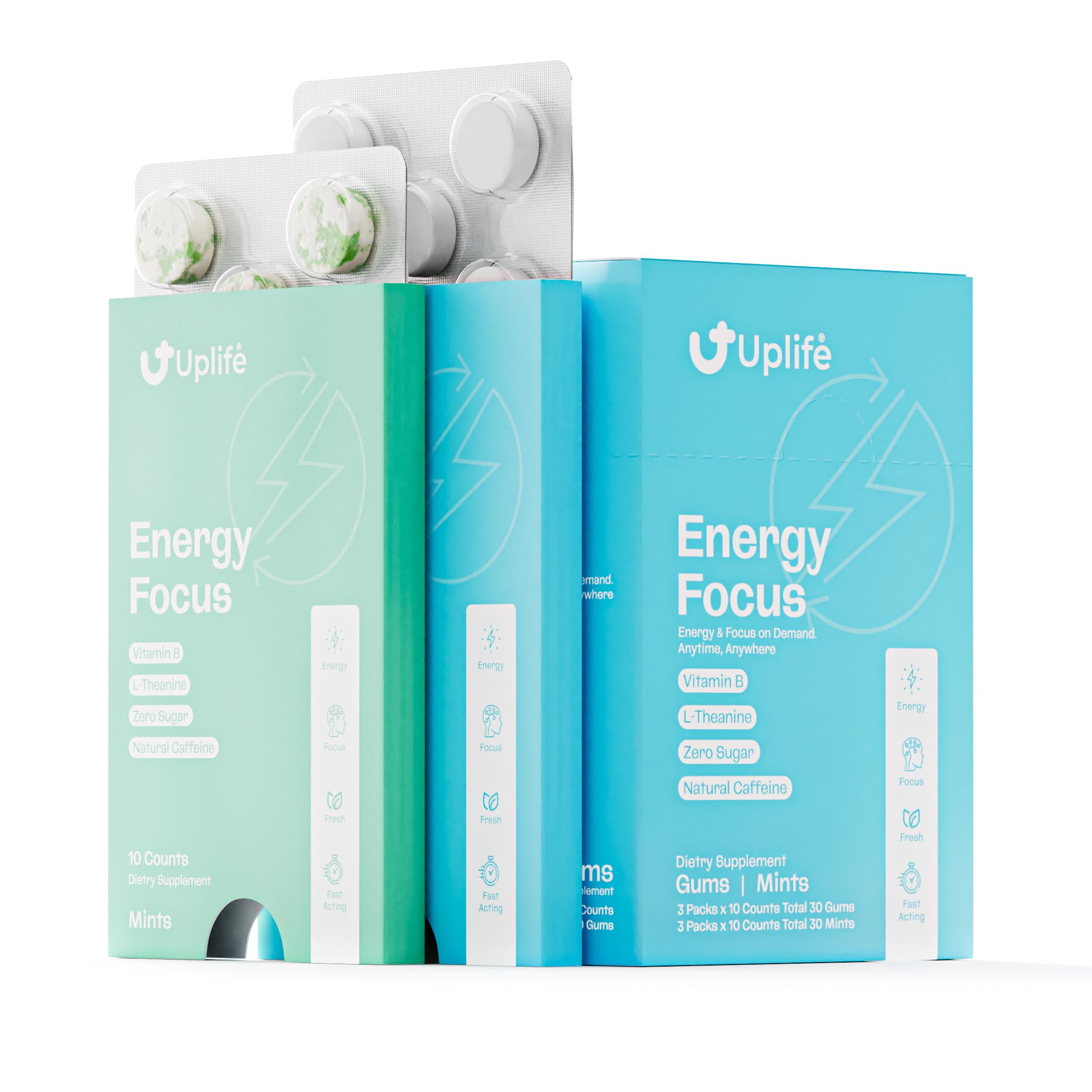 UPLIFE Energy Gum & Mints 60 Pieces (30 each) – 40mg Natural Caffeine + 80mg L-Theanine + Niacin Vitamin B3 & B12 – Sugar-Free, Vegan – Caffeine Gum & Mint for Smooth Energy Boost, Focus – Mint Flavor