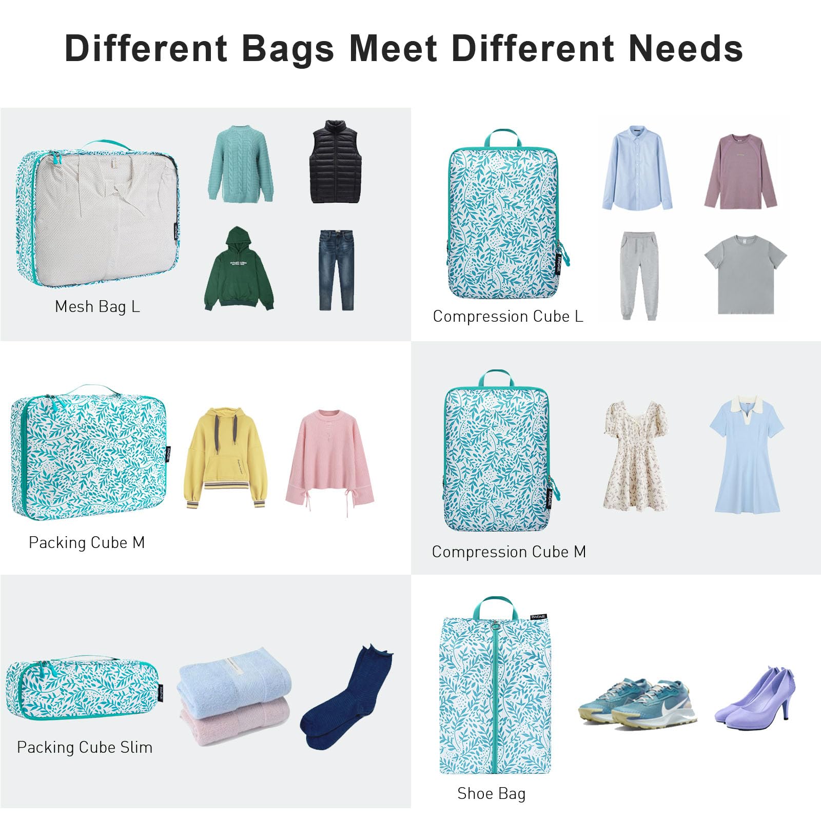 Bagail Ultralight 3 Compression Packing Cubes 3 Packing Organizers With 1 Shoe Bag-Leaf, 7 Set