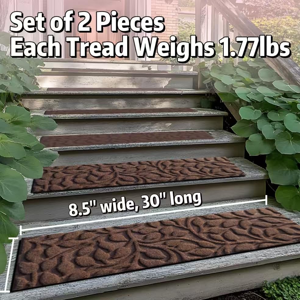 Aucuda 2pcs 8.5" x 30" Stair Treads Outdoor for Elders and Dogs on Wooden Steps, Non Slip Stair Runner Rug Heat Insulation Rubber Backing, Gray Floral Staircase Mat Carpet for Indoor Grip Farmhouse.