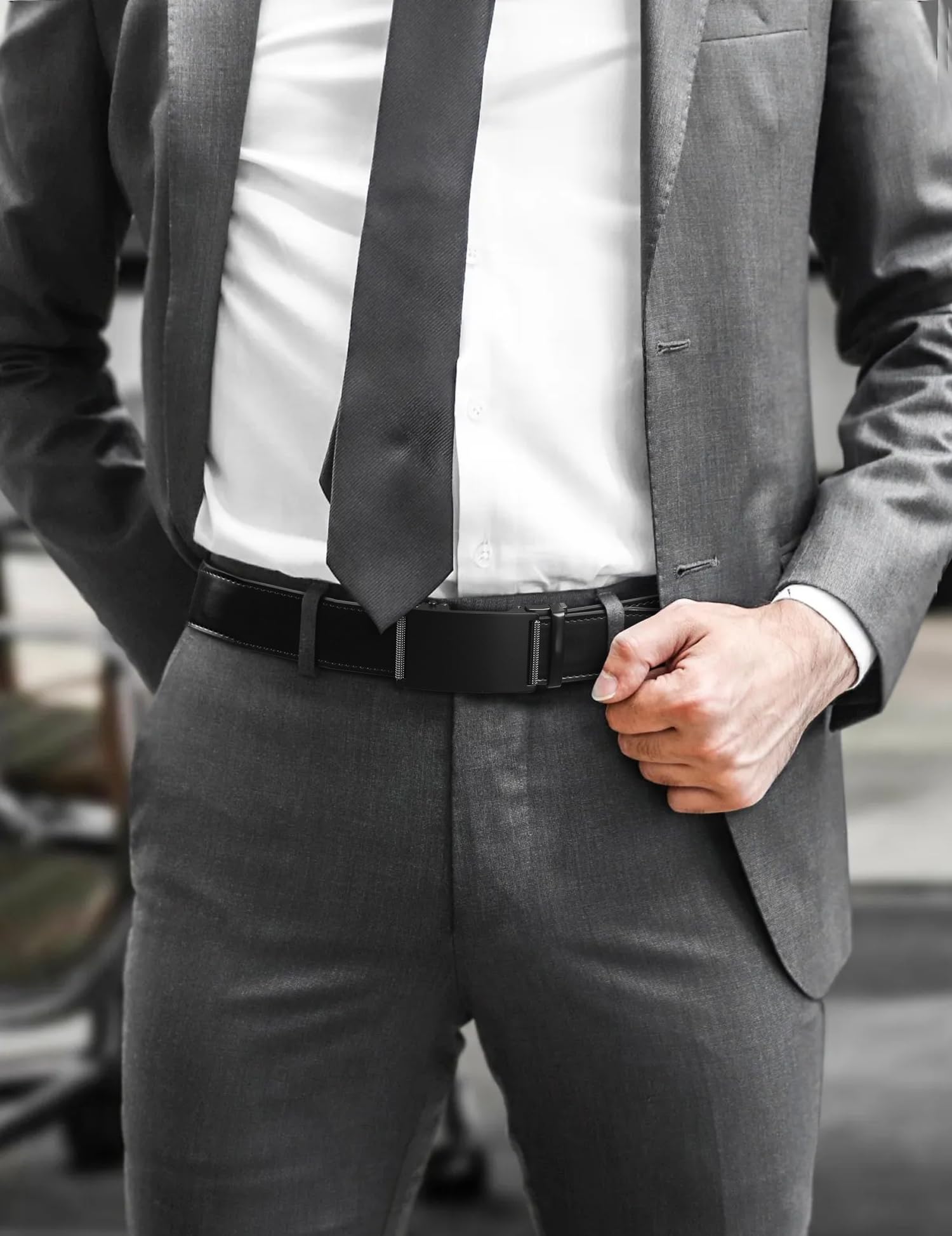 JUKMO Men’s 35mm Leather Ratchet Belt with Original Slide Buckle in Gift Box (Rollers - Black, S-28 to 36" Waist Adjustable (Length 45"))