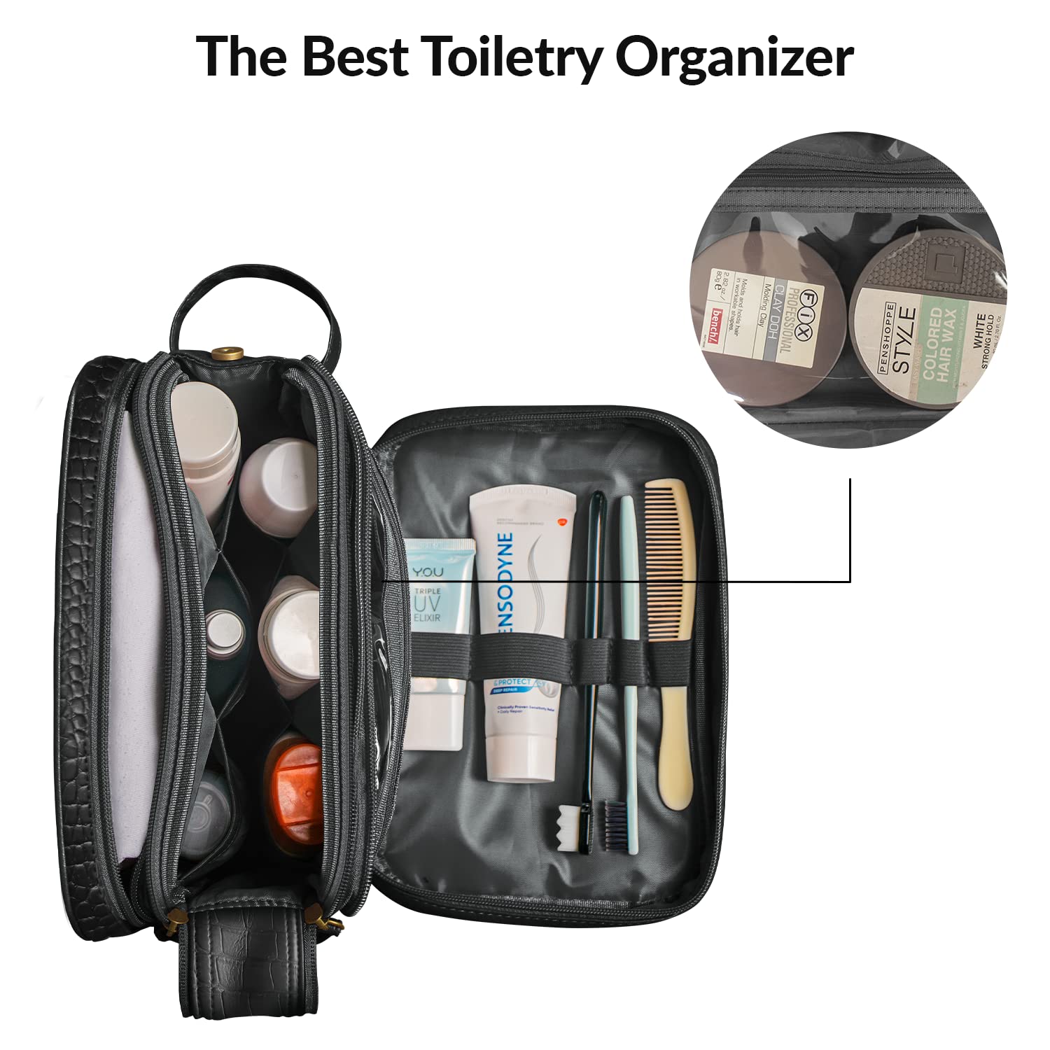 Leather Toiletry Bag for Men Women - Spacious Womens Mens Toiletry Travel Bag, Large Travel Toiletries Bags (Black Croc, Large Dopp)