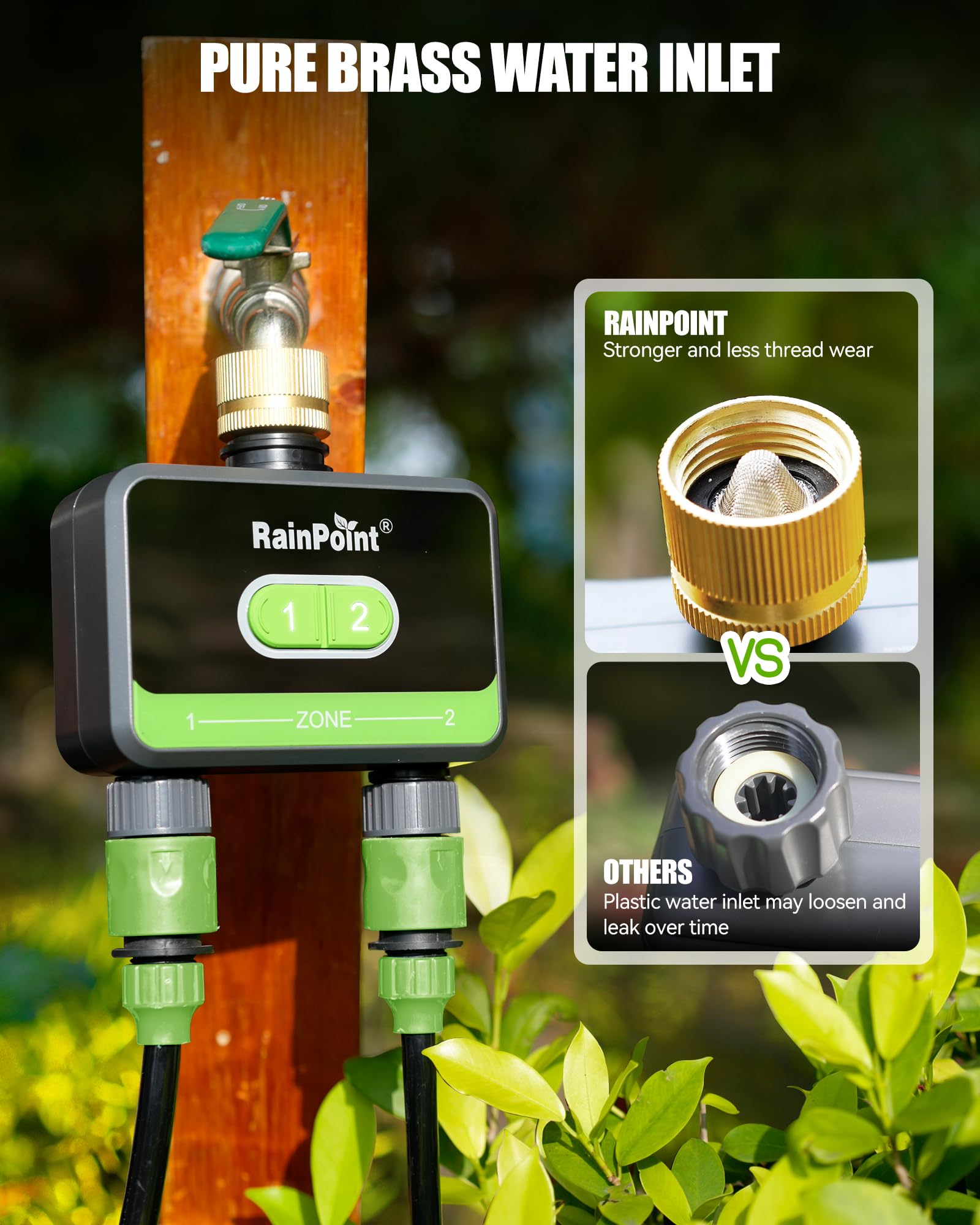 RAINPOINT Smart Water Timer for Garden Hose-Timer Only, WIFI Sprinkler Timer 2 Outlet(2.4Ghz WIFI), Smart Hose Timer with Rain Delay, Smart+ APP Control, Automatic Irrigation System for Lawns and Yard