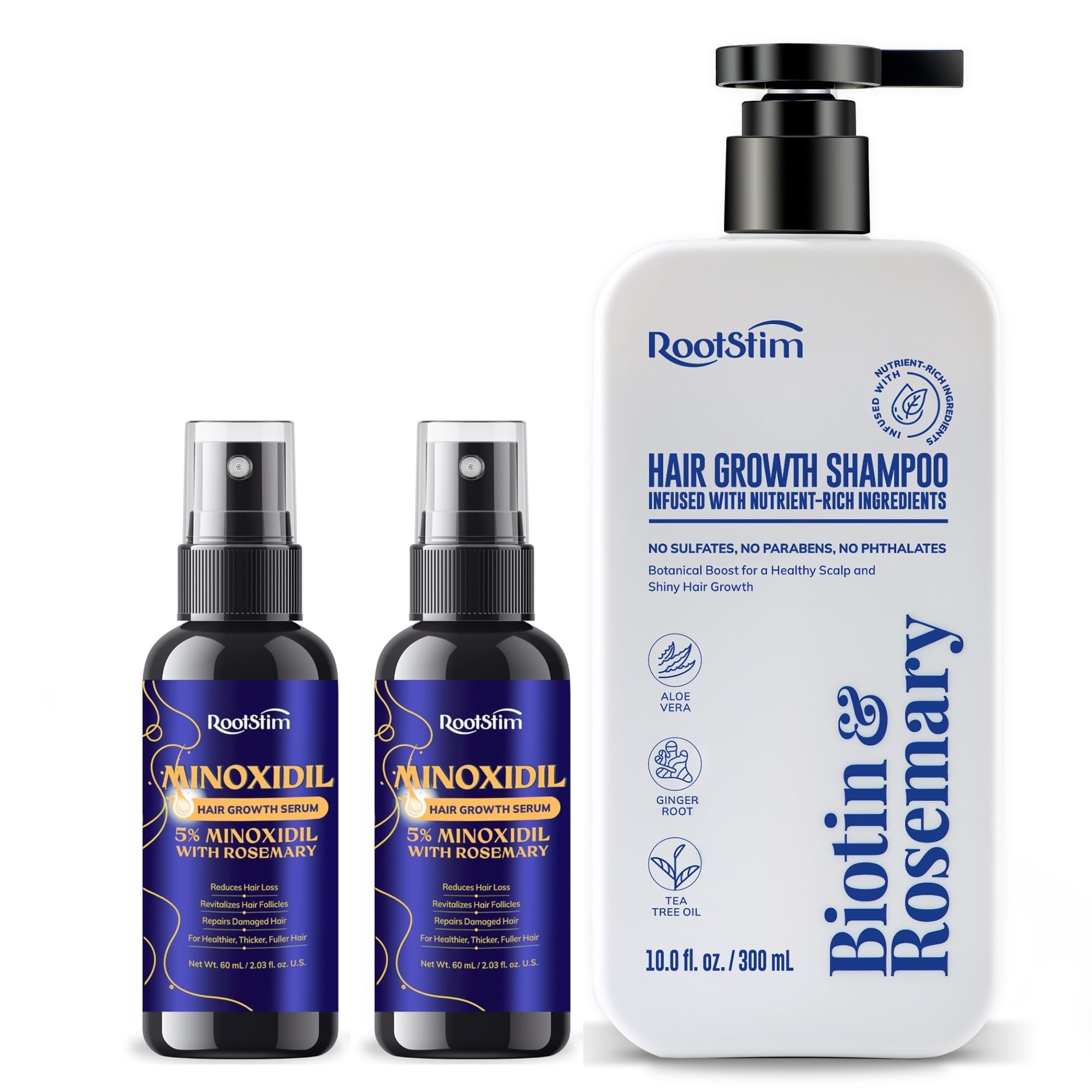 RootStim Biotin & Rosemary Hair Growth Shampoo and 5% Minoxidil Serum 2 packs Hair Loss Treatment