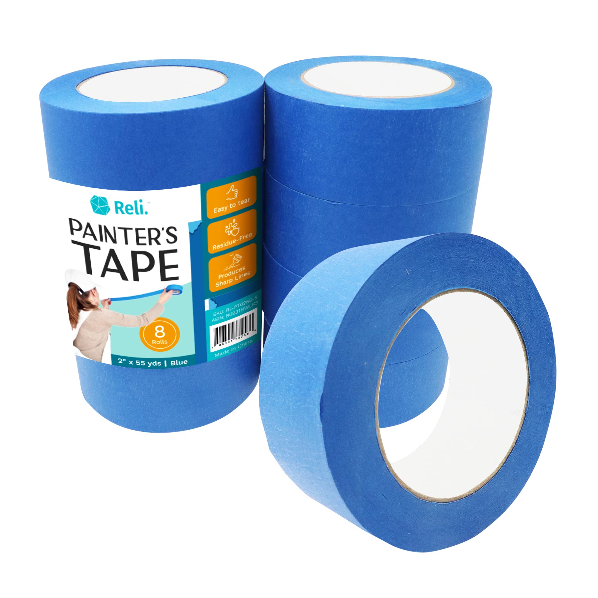 Reli. Painter's Tape, Blue | 8 Rolls | 2" x 55 Yards (440 Yards Total) | Blue Painters Tape 2 Inch Wide | Ideal for Painting Walls, Glass, Wood Trim