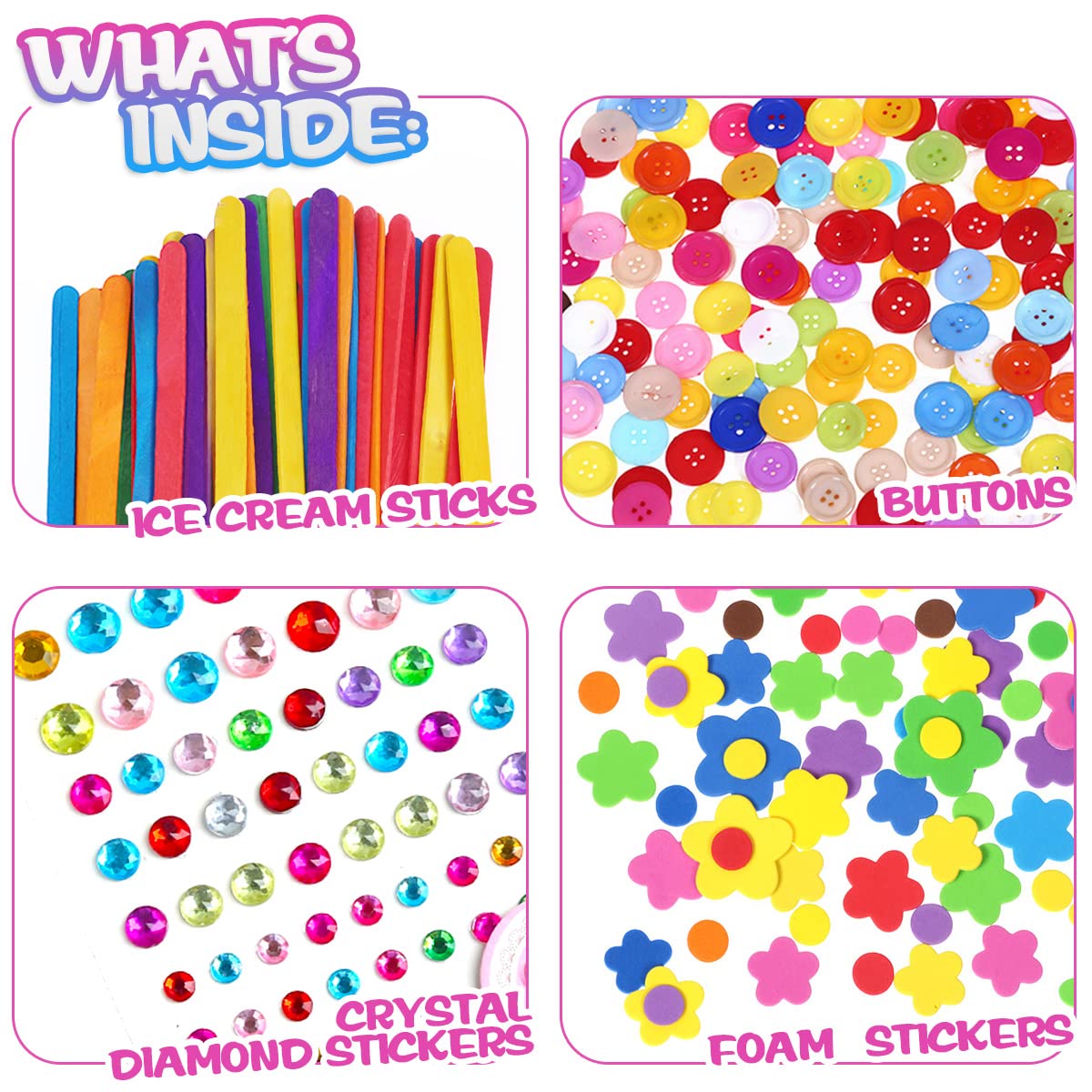Arts and Crafts Supplies for Kids Including Feathers, Pipe Cleaners, Wiggle Googly Eyes, Pom Poms, Buttons, Ice Cream Sticks, Sequins And So On, School Kindergarten Homeschool Supplies Crafts