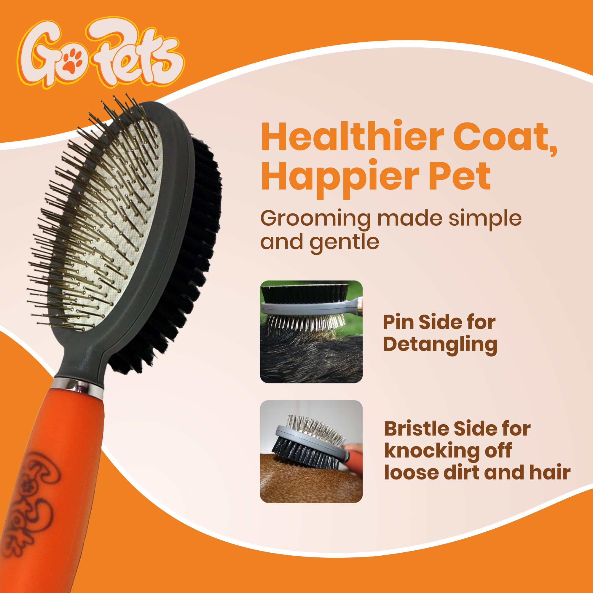 GoPets Double-Sided Pin & Bristle Brush, Dog Brush for Shedding, Undercoat Rake for Short & Long Hair, Cat Grooming Brush, Removes Mats, Dirt & Loose Fur, Promotes Healthy Coat, Ergonomic Handle