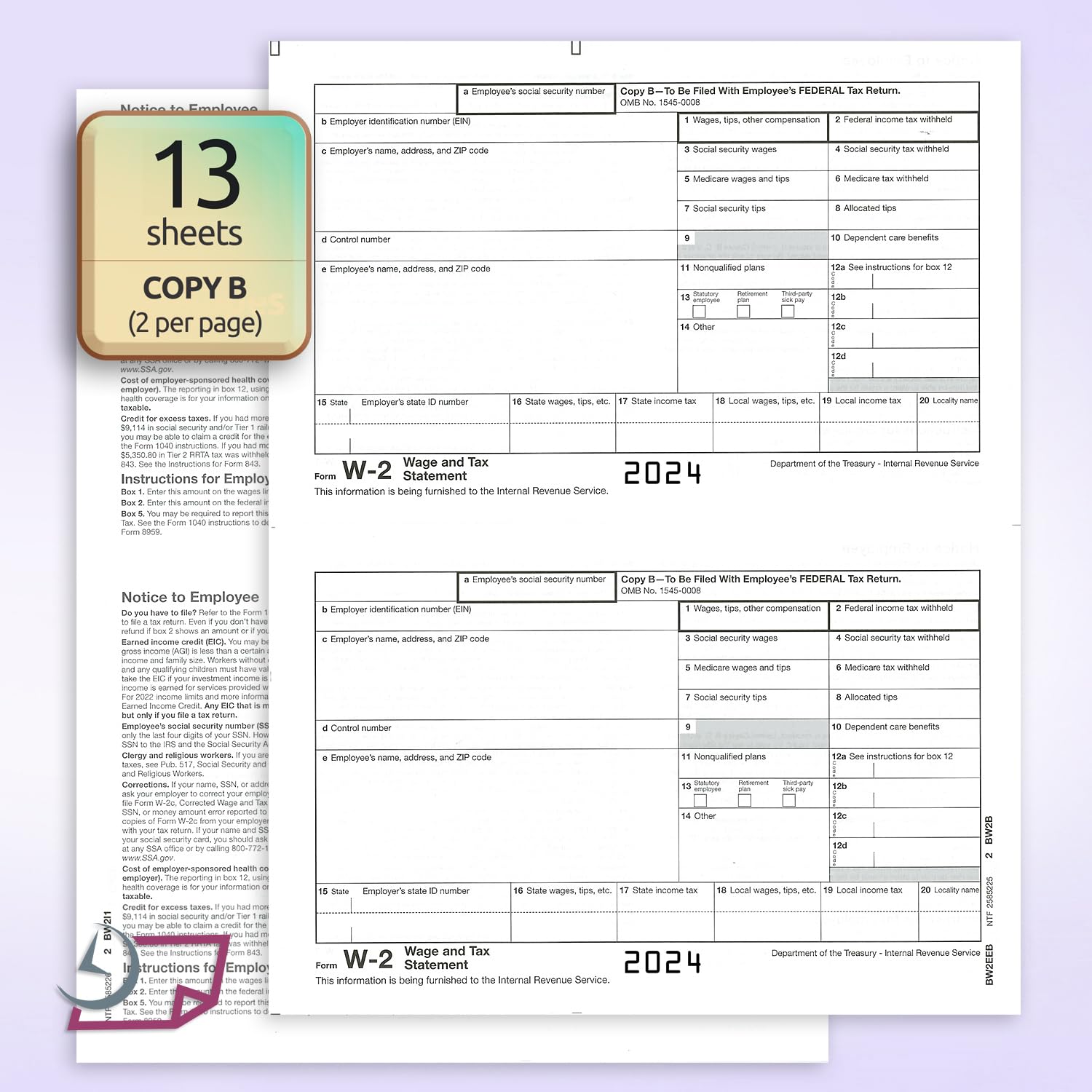 W2 Forms for 2024, 4 Part Tax Forms, Laser Ink/Jet Forms for QuickBooks and Accounting Software (Set of 25 with Self Seal Envelopes)