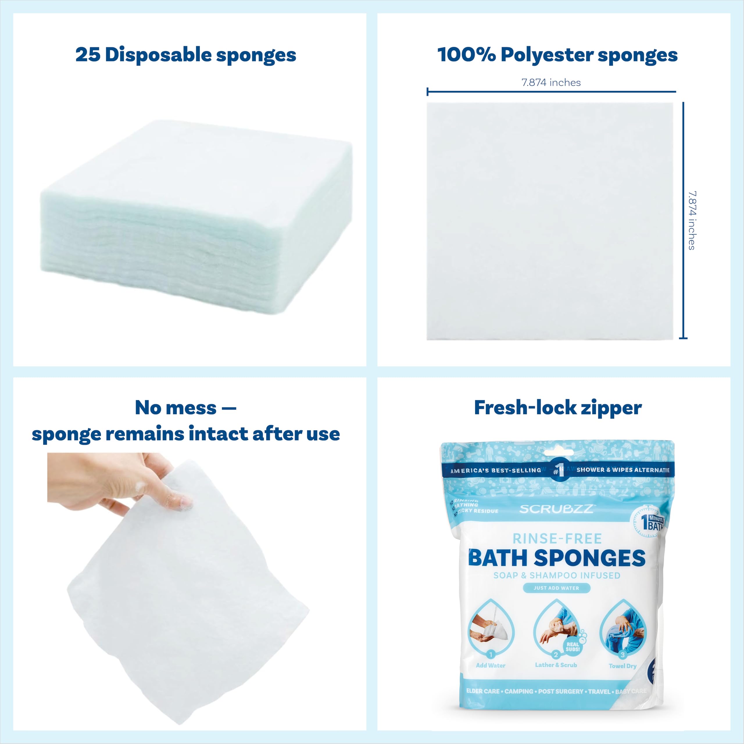 Scrubzz Disposable No Rinse Bathing Wipes - All-in-1 Single Use Shower Wipes, Simply Dampen, Lather, and Dry Without Shampoo or Rinsing (Lavender, 4-Pack)