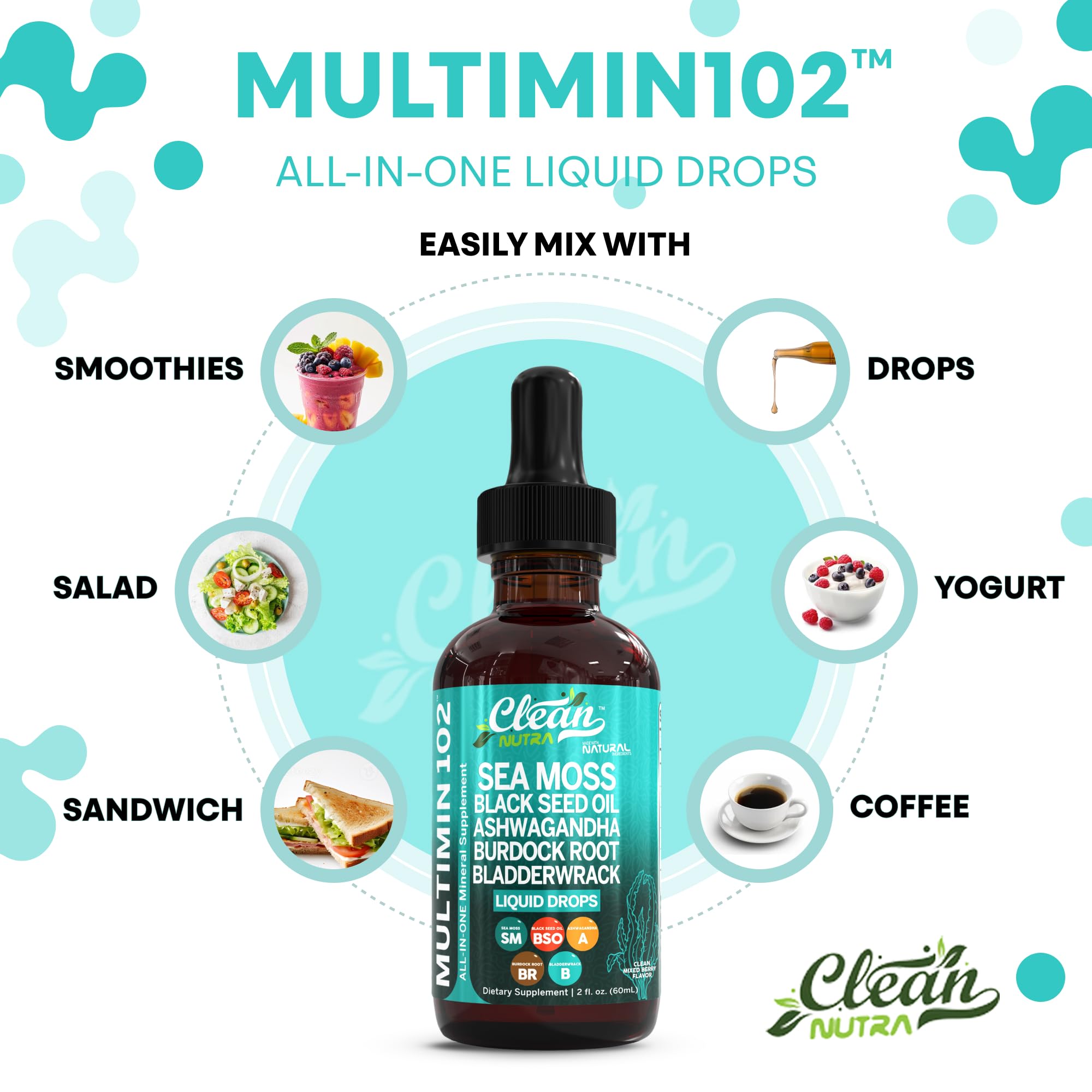 Clean Nutra Organic Sea Moss Drops Supplement | Black Seed Oil Irish Seamoss Ashwagandha Burdock Root & Bladderwrack - Multimineral Liquid Vegan for Gut Heath Energy Skin Immune Support & Hair