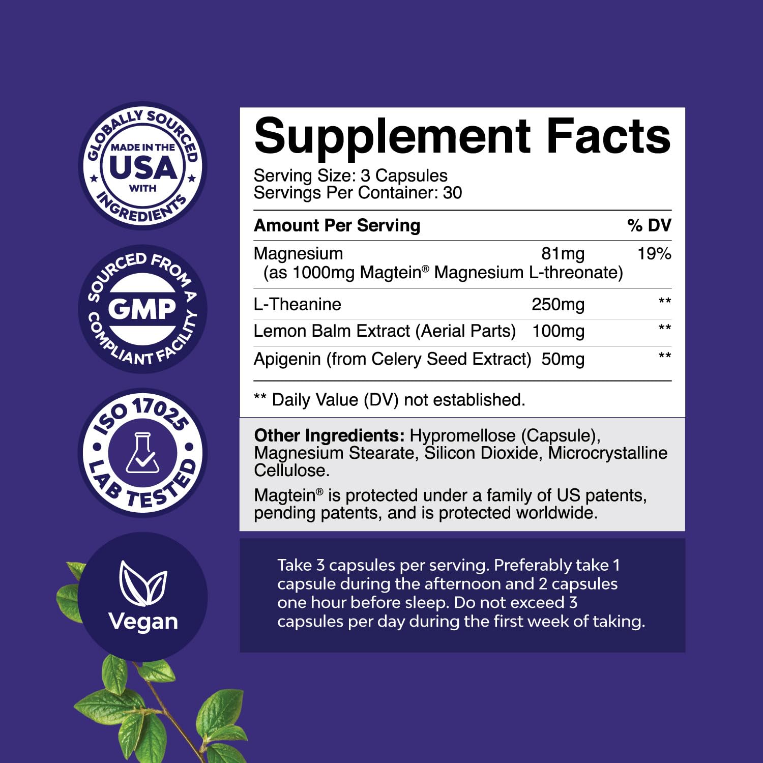 High Absorption Magnesium Sleep Supplement - Magnesium Threonate Supplement with Apigenin 50mg L-Theanine 250mg per Serving Plus Lemon Balm Extract - Melatonin-Free Calm Magnesium for Sleep (1 Month)