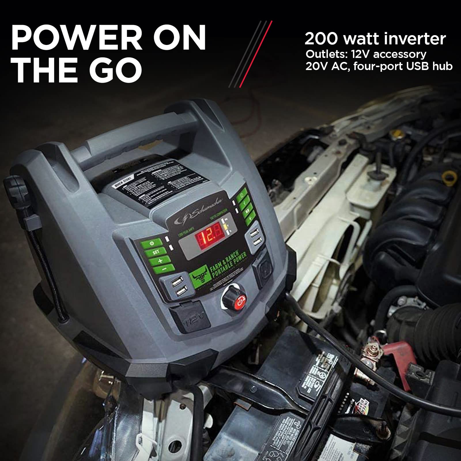 Schumacher Electric FR01337 Rechargeable AGM Jump Starter for Gas, Diesel Vehicles - 1200A with Air Compressor and 12V USB/AC Power Station to Charge Phones, Accessories