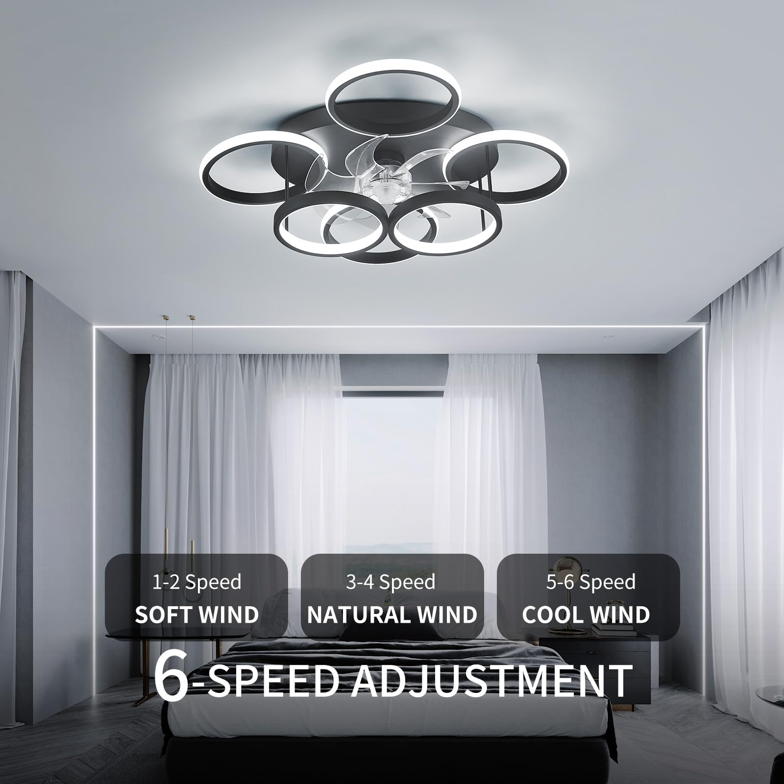 Anyeark Low Profile Ceiling Fan with Light Modern, Bedroom Ceiling Smart Fan with LED, Fandelier Ceiling Fan Flush Mount 25.6-inch, 3000K-6500K Stepless Color Change, Assembly Required (Black)