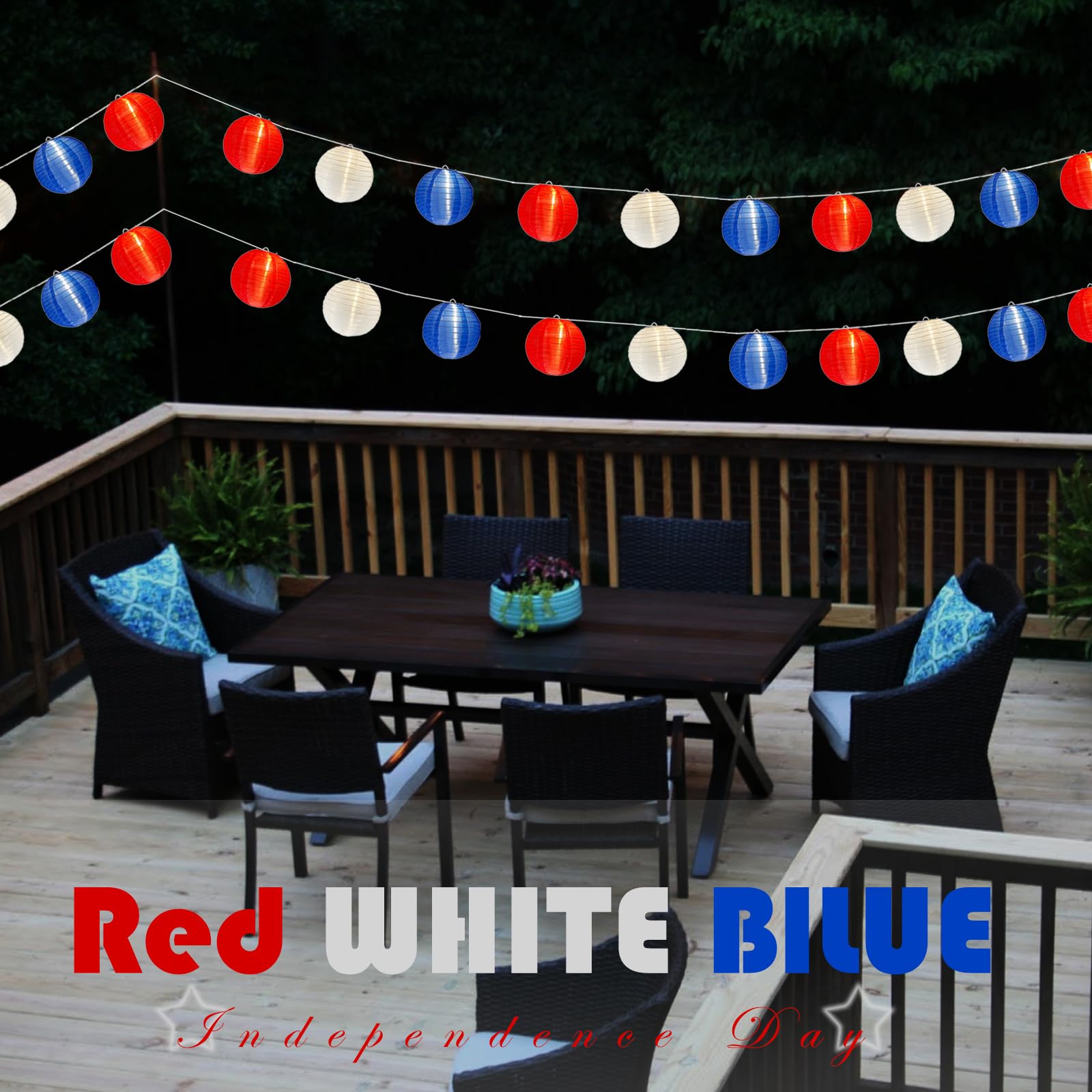 SUNSGNE Lantern String Lights with G40 LED Lights, Plug-in Decorative String Lights with 10 Red White Blue Lantern Lights, Connectable Patio String Lights for 4th of July Decor, 25FT - White Wire