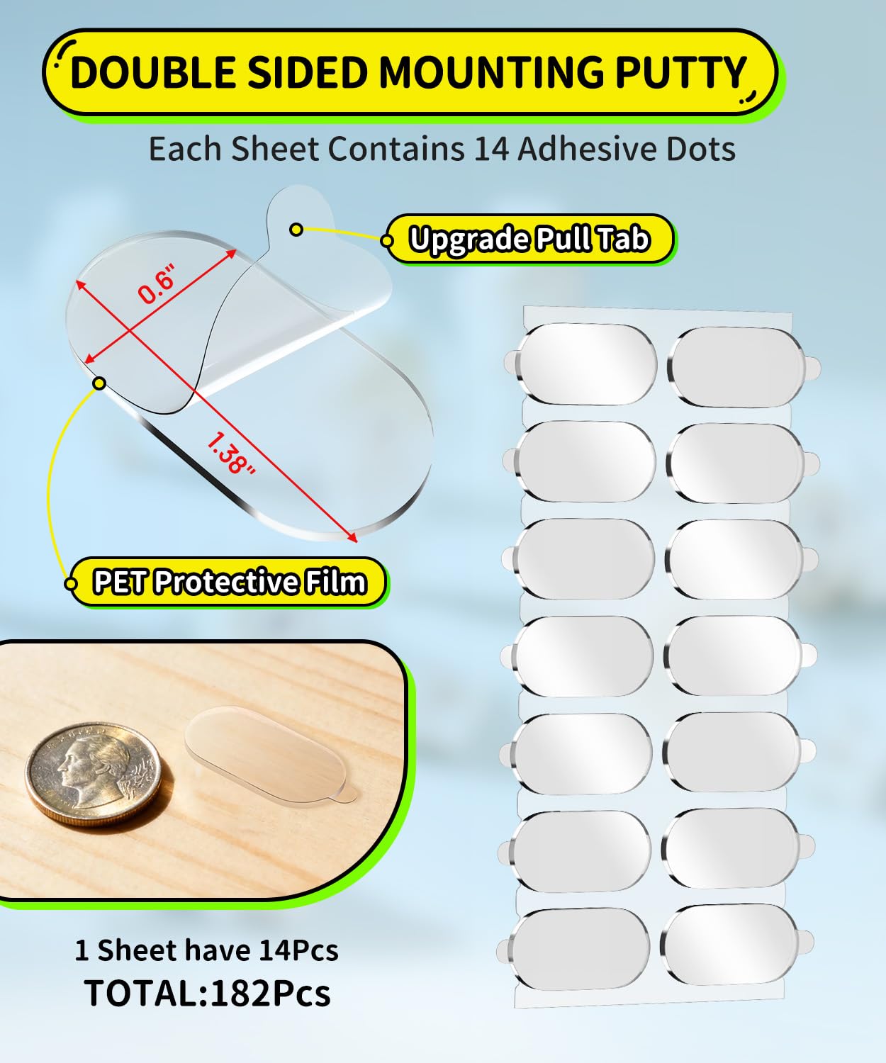 PHIXBEAR Upgraded Mounting Putty with Pull Tab, Removable Museum Tape Sticky Double Sided Adhesive Dots No Trace for Poster, 182 Pcs 0.6" x 1.38"