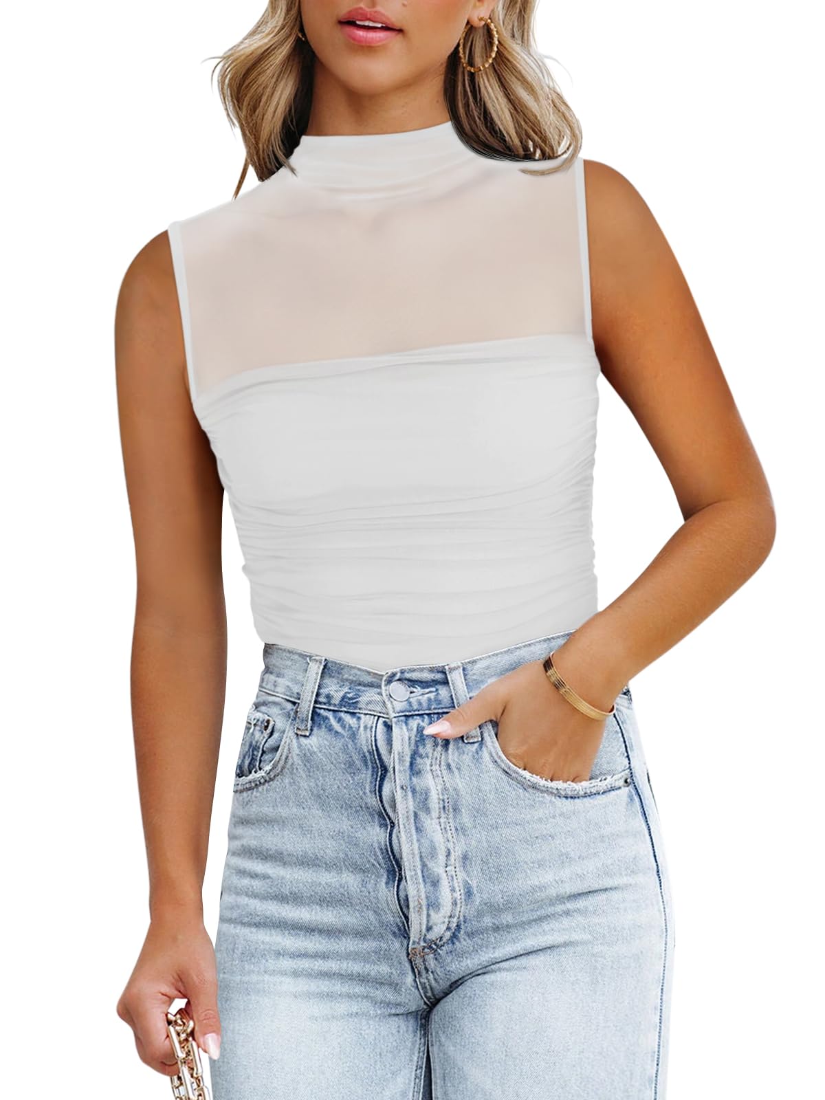 REORIA Sexy Bodysuits for Women Sheer Mesh Mock Neck Sleeveless Top Slim Fit Shirts Ruched Trendy Going Out Tops Cute Body Suit 2025 Outfits White Large