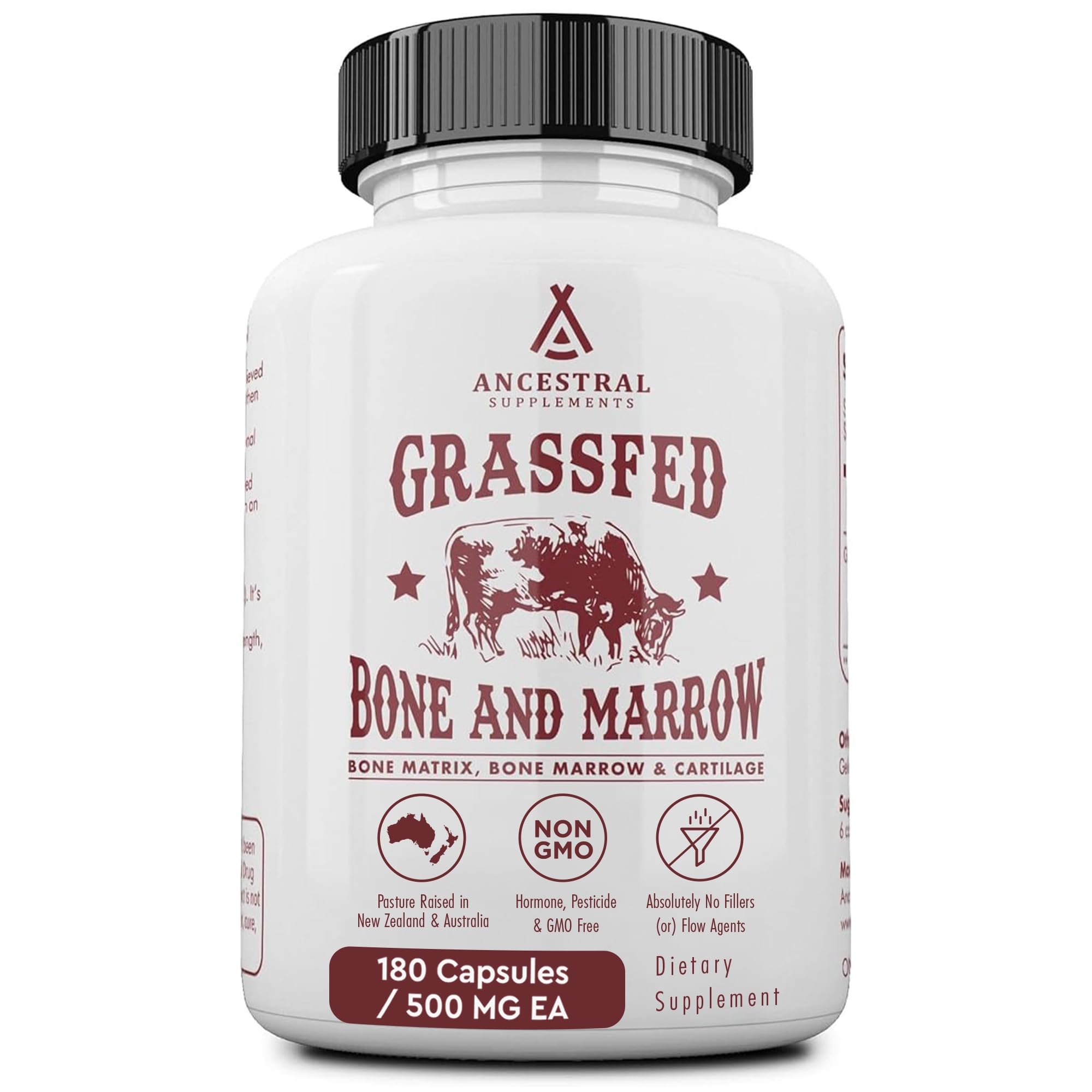 Ancestral Supplements Grass Fed Beef Bone and Marrow Supplement, 3000mg, Skin, Oral Health, and Joint Support Supplement, Promotes Whole-Body Wellness, Non GMO Whole Bone Extract, 180 Capsules