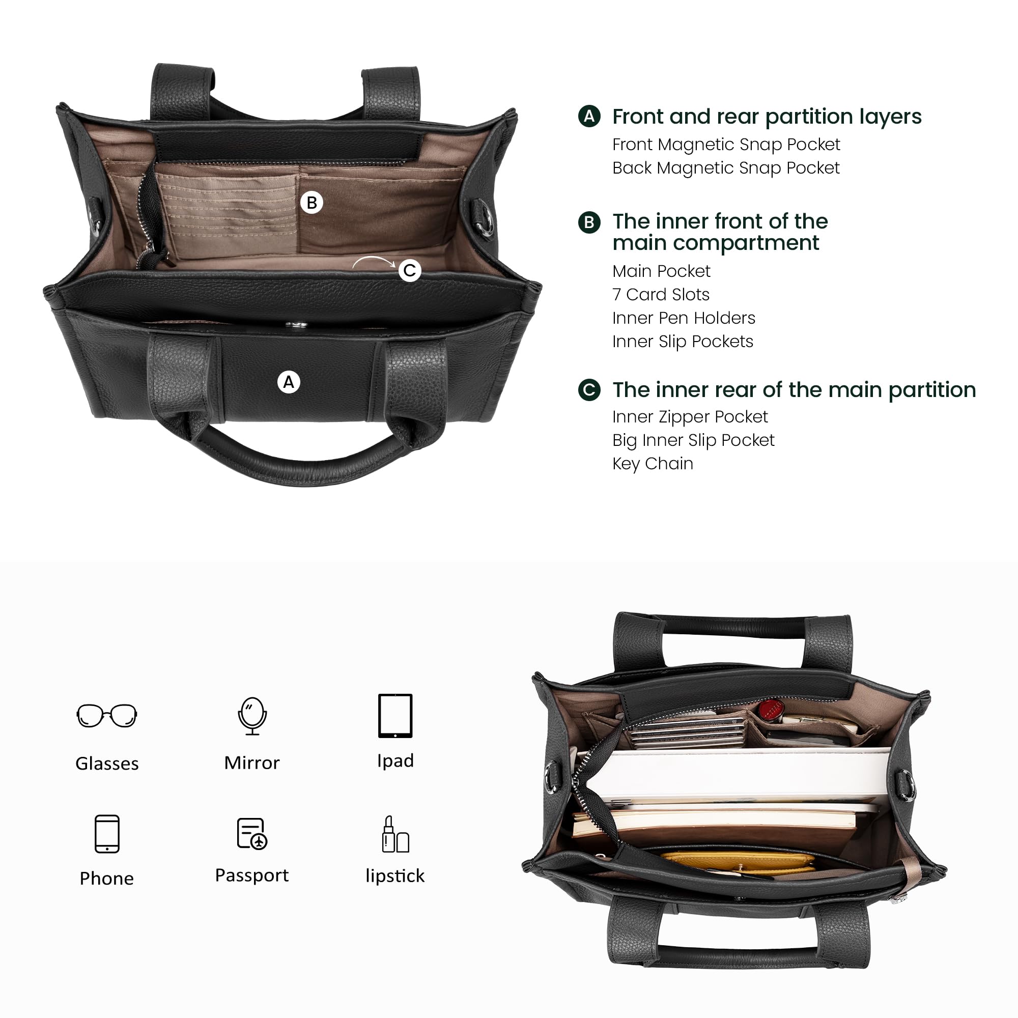 befen Genuine Leather The Small Tote Bag for Women Trendy, Designer Top Handle Satchel Crossbody Handbag with RFID Card Slots - Black