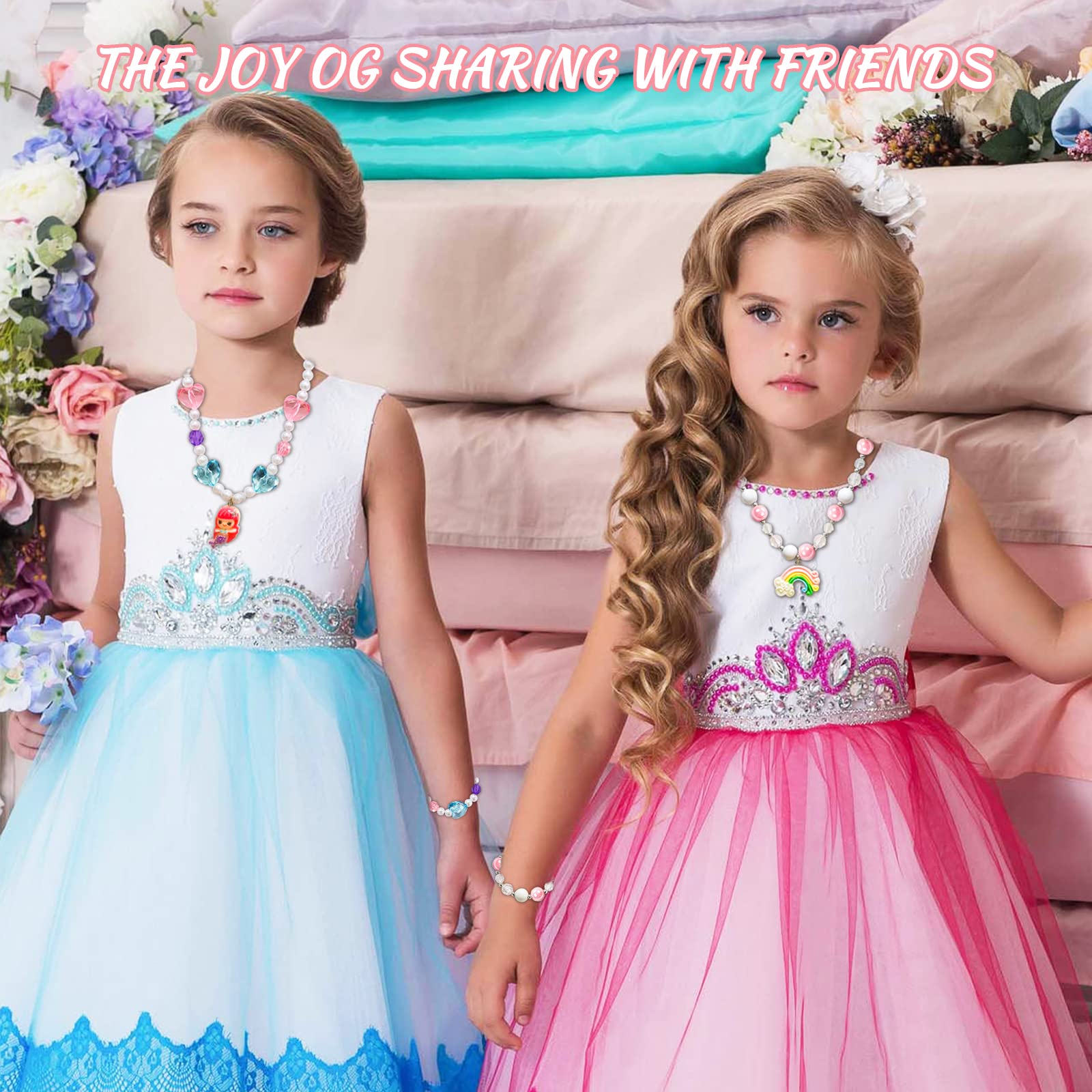 Newmemo Beads Necklace and Bracelet for Kids 6PCS Play Jewelry for Little Girls Princess Unicorn Mermaid Rainbow Pendant for Toddler Christmas Birthday Party Favors Cosplay
