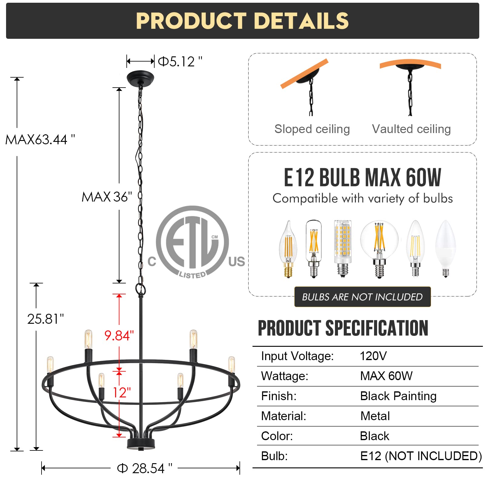 FookChak 6-Light Black Chandelier Light Fixture Industrial Candle Chandelier Black Chandeliers for Dining Room for Bedroom, Living Room,Kitchen,28.54in, E12