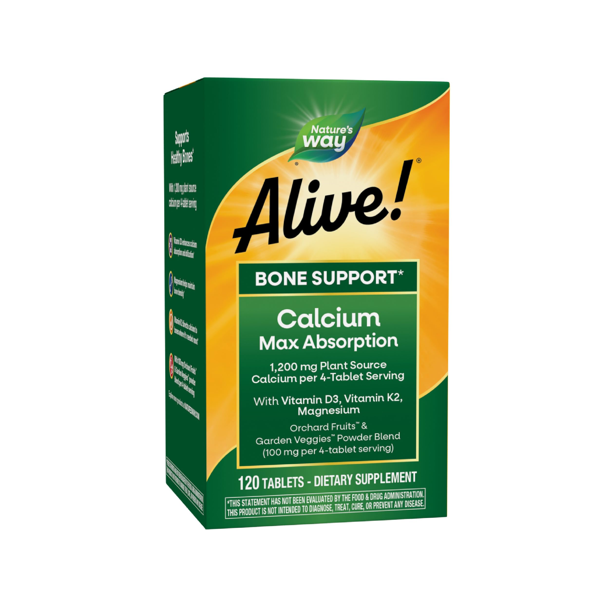 Nature's Way Alive! Calcium Max Absorption, Bone Support*, Plant Source Calcium, Vitamin D3 & K2, Magnesium, 120 Tablets (Packaging May Vary)