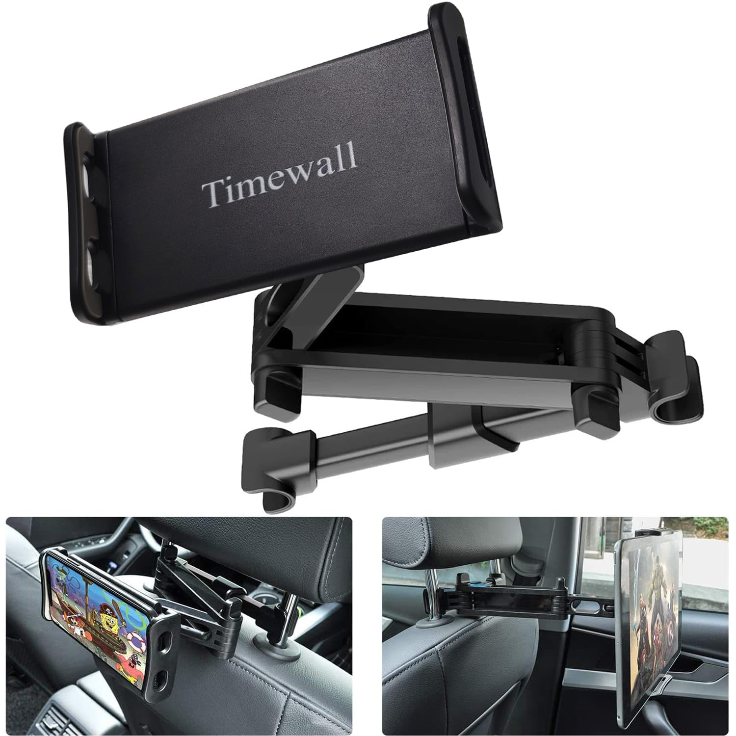 Timewall Car Headrest Tablet Mount Backseat Seat Universal Pad Phone Holder 360° Swivel Rotating Angle Adjustable Stretchable for iPad iPhone, Galaxy, Switch, 5-11" Device