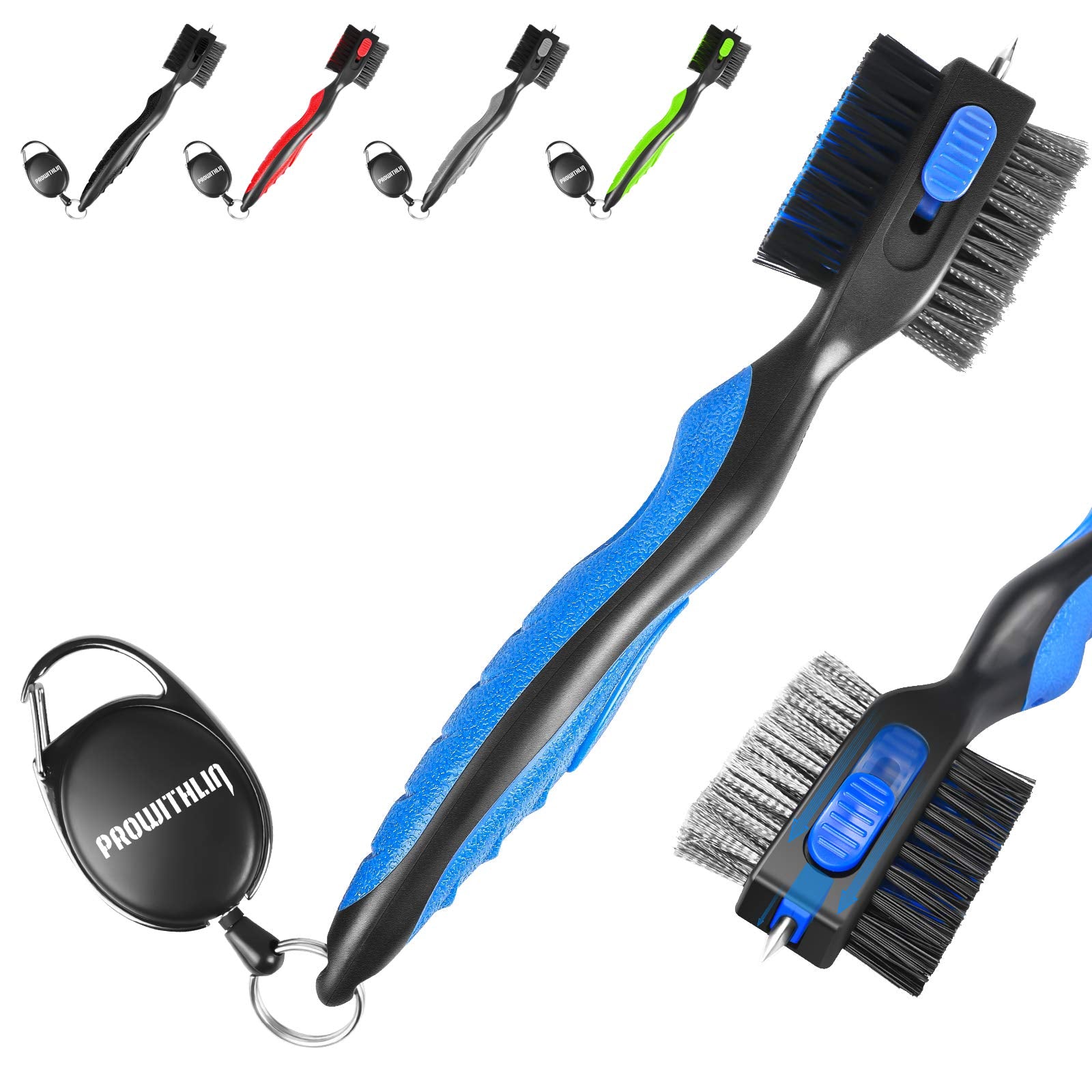 prowithlin Golf Club Brush and Golf Club Groove Cleaner 2 in 1, 2ft Retractable Zip-line Metal Buckle and Retractable Sharp Pick Oversized Brush Head Wire Bristles (Black and Blue Upgraded)