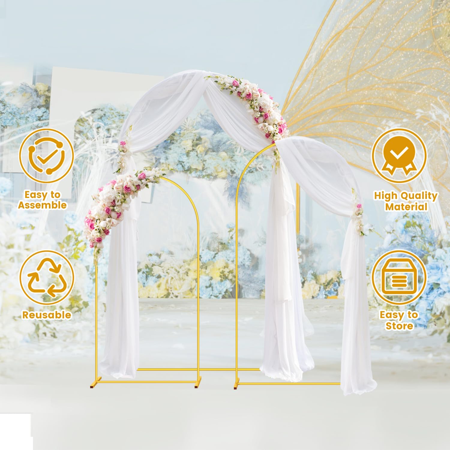 WEKASTON Metal Arch Backdrop Stand Wedding Arch Backdrop Frame Set of 3 (7.2FT, 6.6FT, 6FT) Gold Arch Stand Garden Floral Decoration Backdrop Stand for Wedding Ceremony Birthday Party Baby Shower