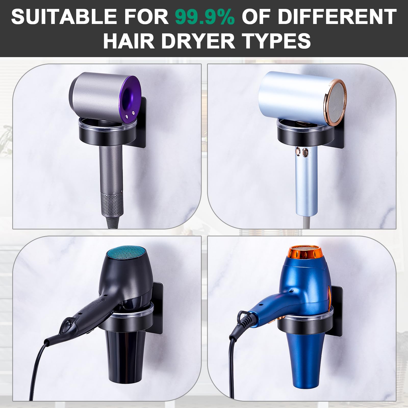 WAYASI Blow Dryer Holder Wall Mounted, hairdryer Holder for Bathroom, Blow Dryer Organizer, Hair Tool Organizer Wall Mount, Adhesive Hair Dryer Storage for Bathroom Barber Shop (Black)