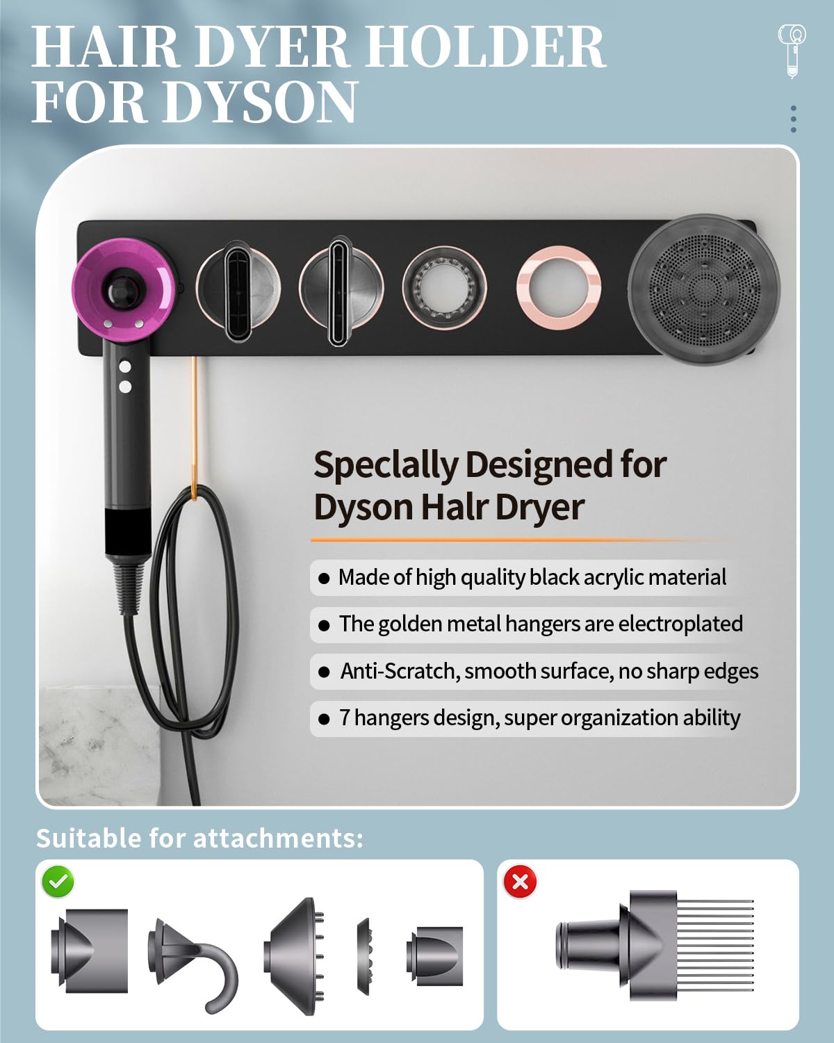 6-in-1 Magnetic Wall Mount for Dyson Supersonic Hair Dryers (HD15, HD08 and Previous Models), with 5 Magnetic Rings for The Accessories (Black)
