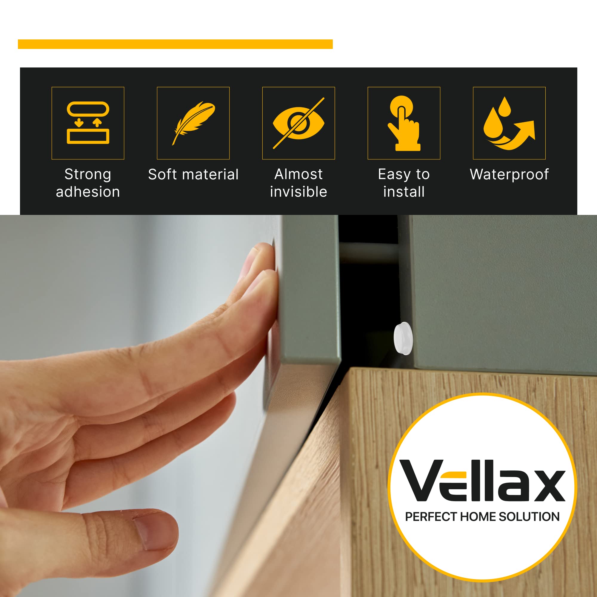 Vellax Cabinet Door Bumpers - Self Adhesive Pads, Cabinet Stoppers, Rubber Bumpers for Drawers, Cupboards, Cutting Boards, Glass Tops, Picture Frames, Kitchen Furniture