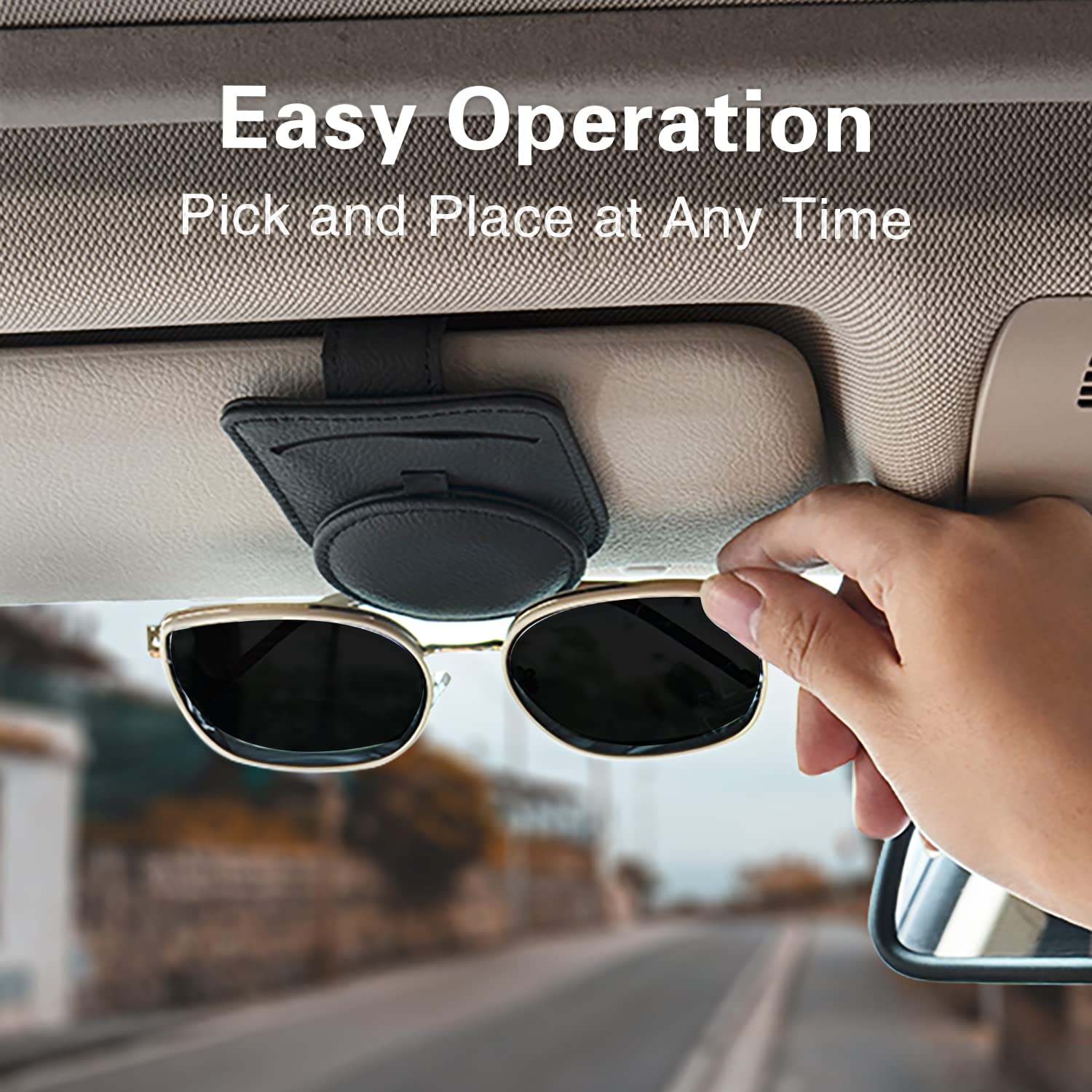 sicotool Sunglass Holder for Car Visor, Magnetic Leather Eyeglass Holder and Ticket Card Clip, Black Sunglasses Clip Car Accessories Interior for Woman Man