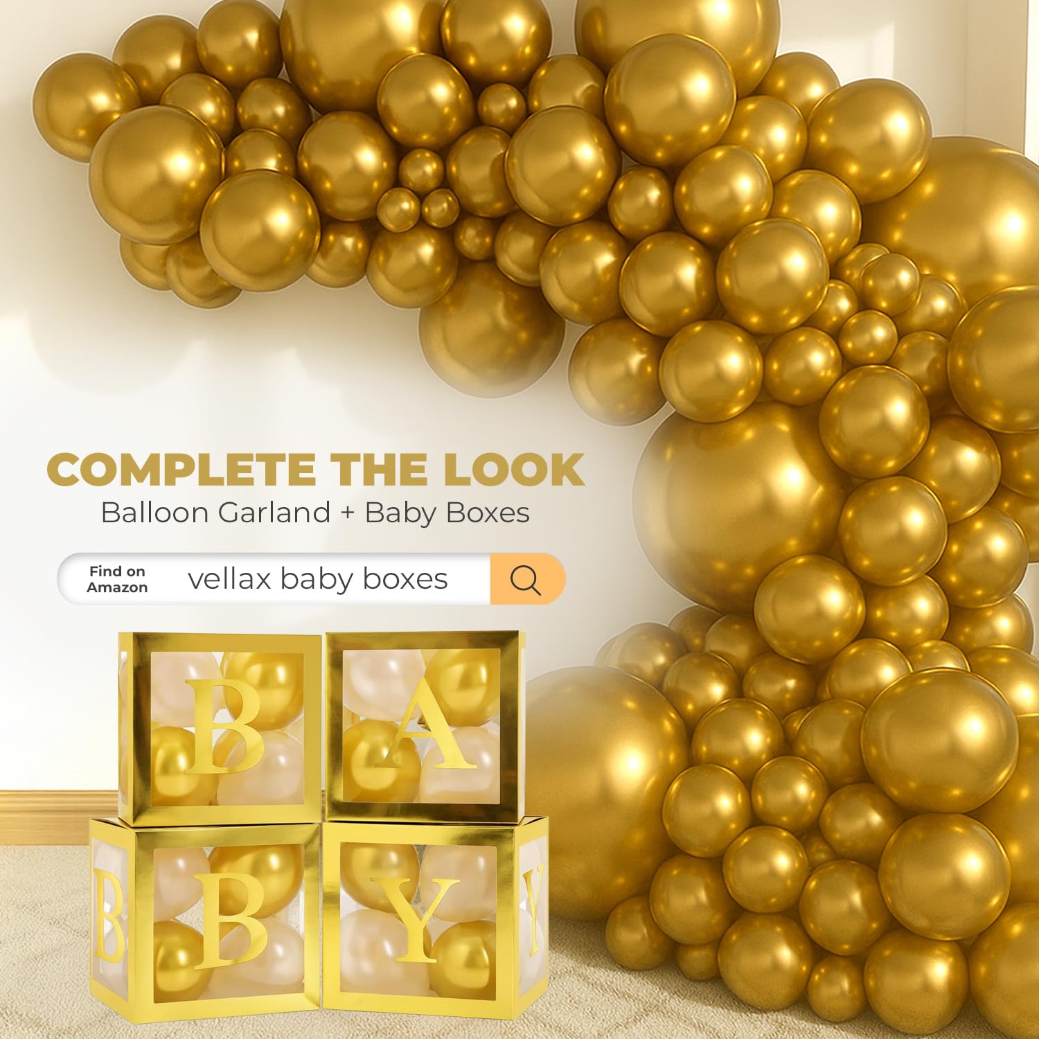 Balloon Garland Arch Kit – 146 Pcs Metallic Gold Balloons & Baby Shower Boxes with Letters – Gold Boxes with Gold & White Balloons