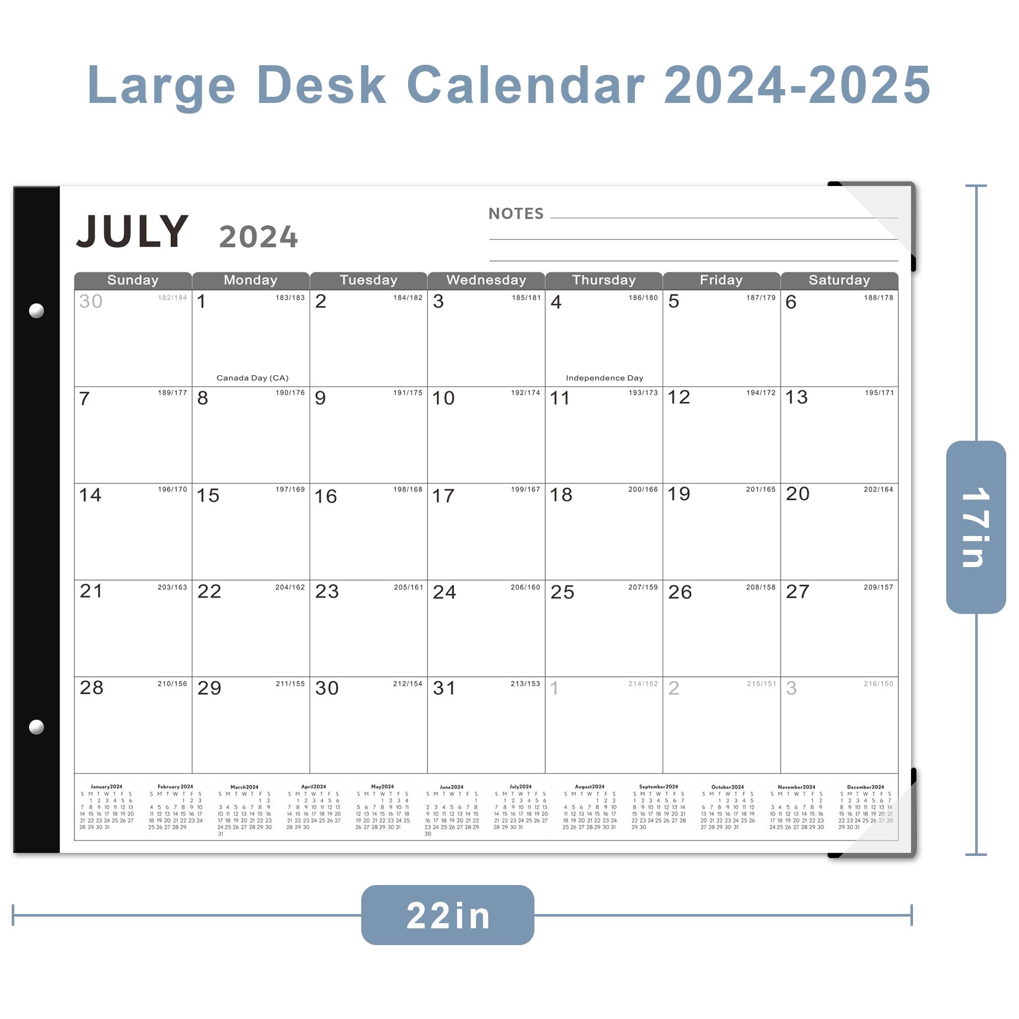 Desk Calendar 2024-2025 Large 22x17, 18 Months Run from July 2024 to December 2025, Desk top Calendar with Notes for Home, Office and School